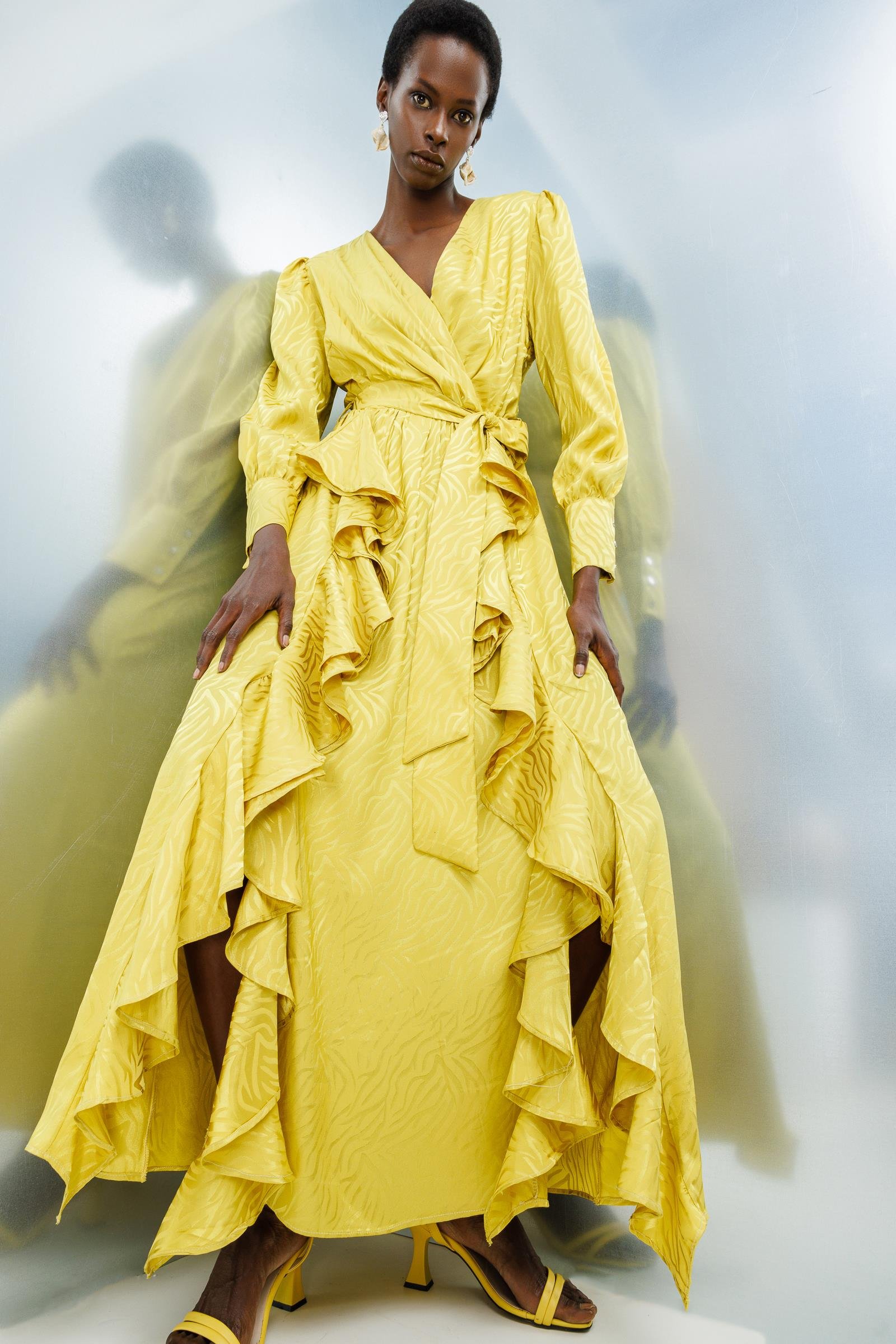 Modailgi  Volanlı Kruvaze Jakar Elbise Asit