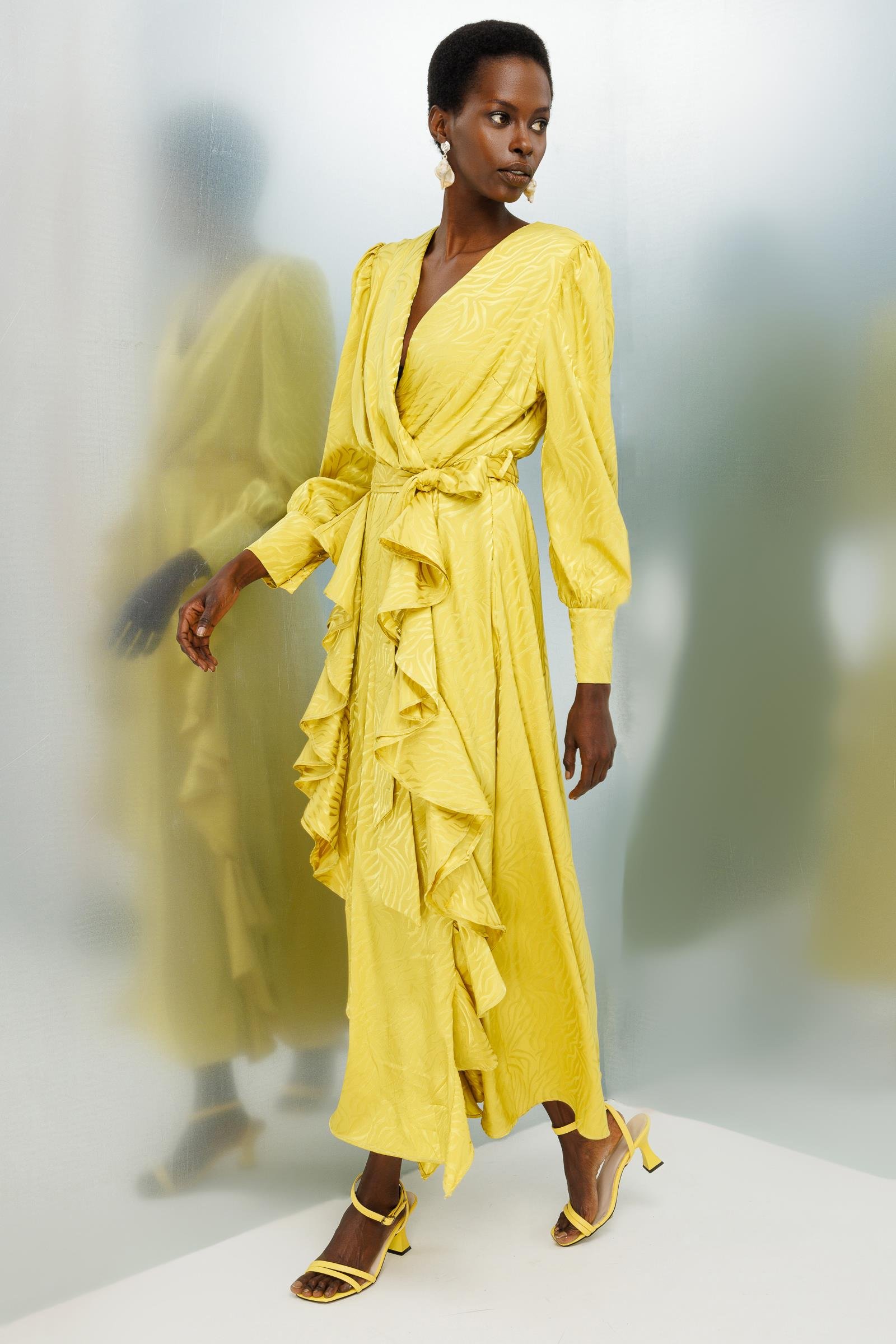 Modailgi  Volanlı Kruvaze Jakar Elbise Asit