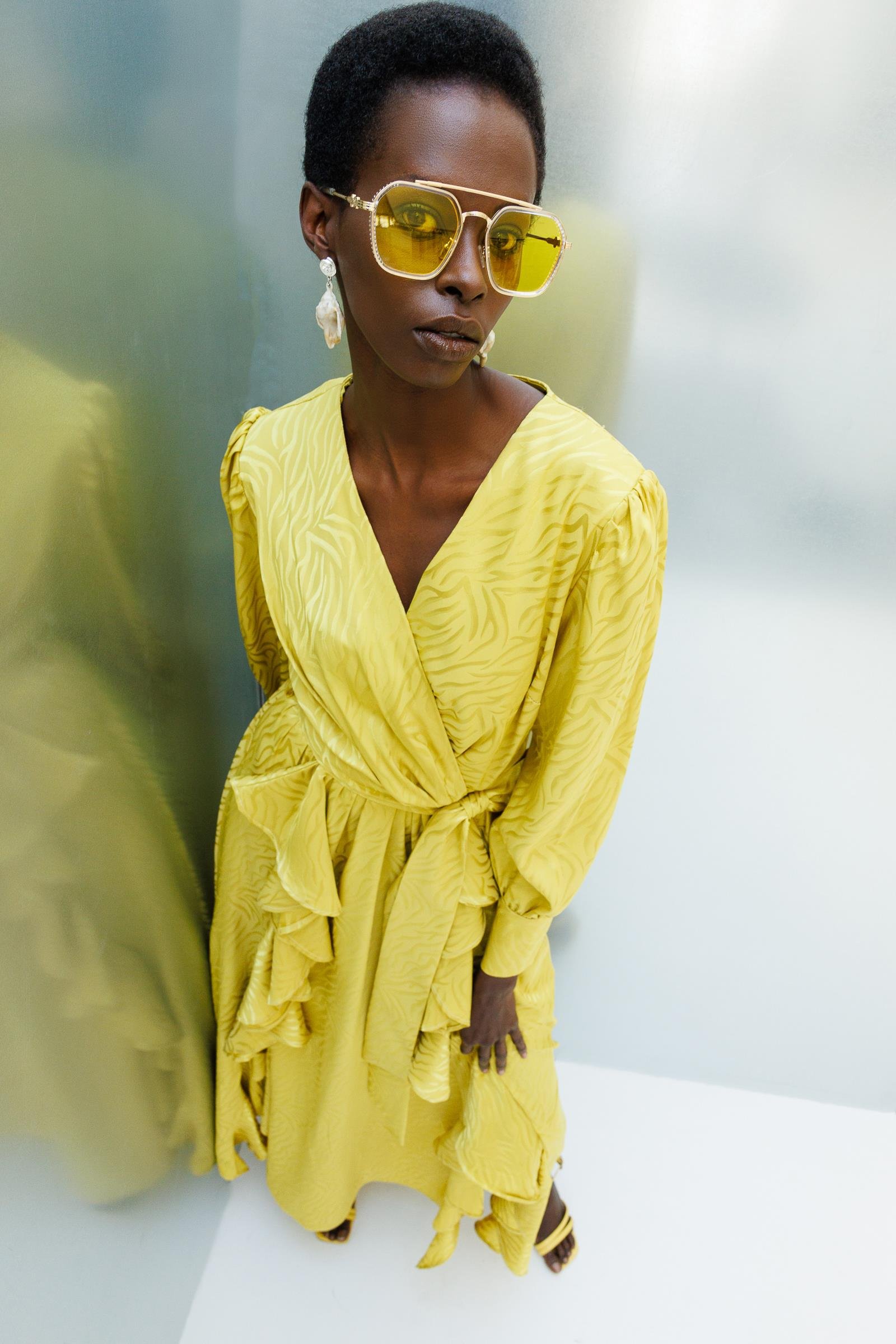 Modailgi  Volanlı Kruvaze Jakar Elbise Asit