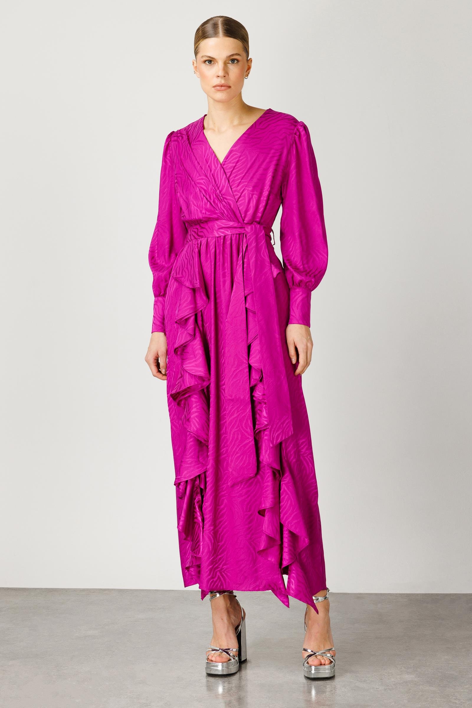 Modailgi  Volanlı Kruvaze Jakar Elbise Fuşya