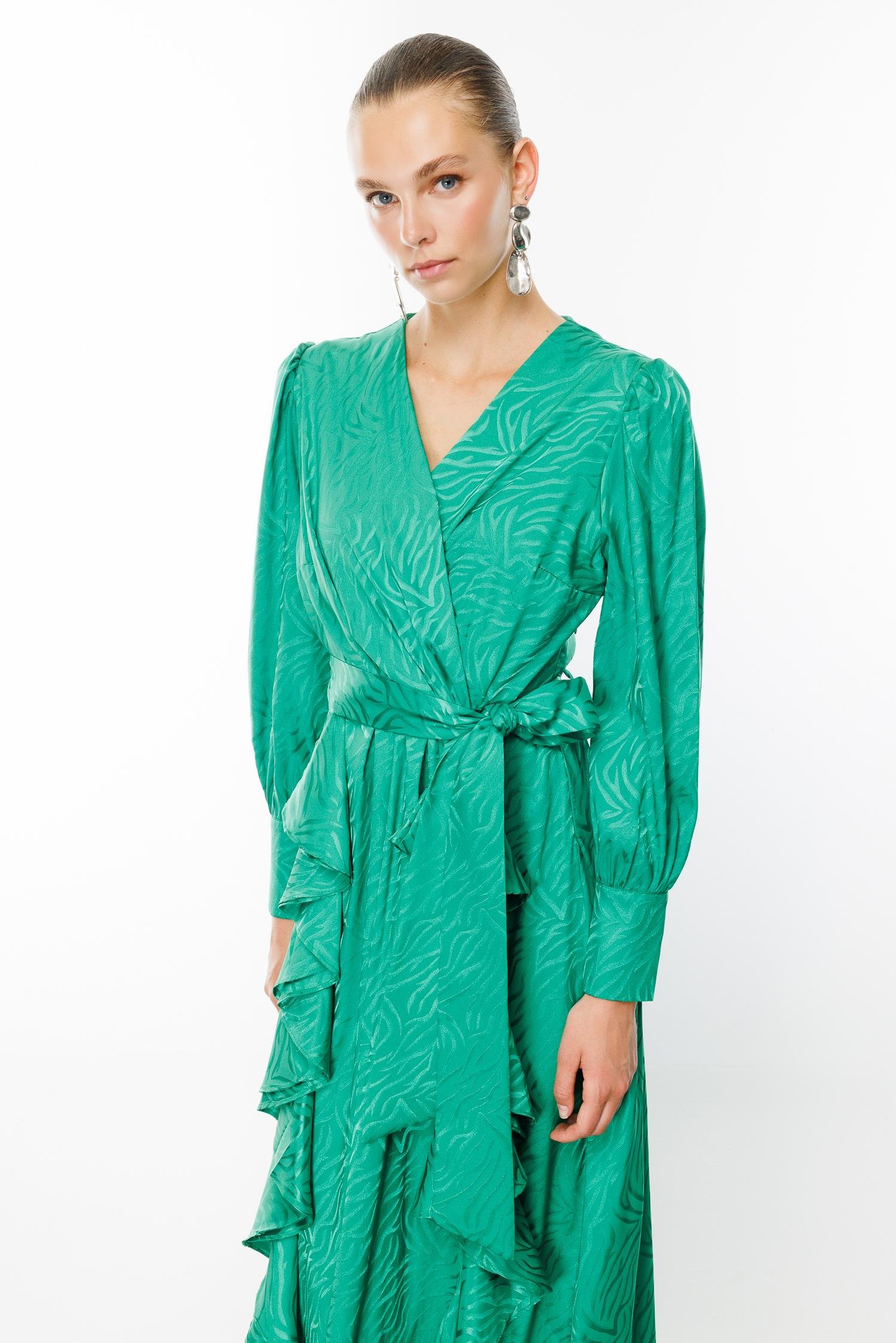 Modailgi  Volanlı Kruvaze Jakar Elbise Yeşil