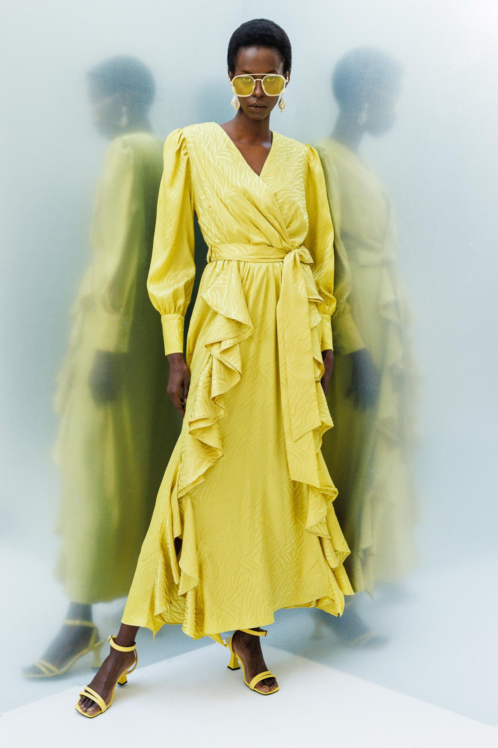 Modailgi  Volanlı Kruvaze Jakar Elbise Asit