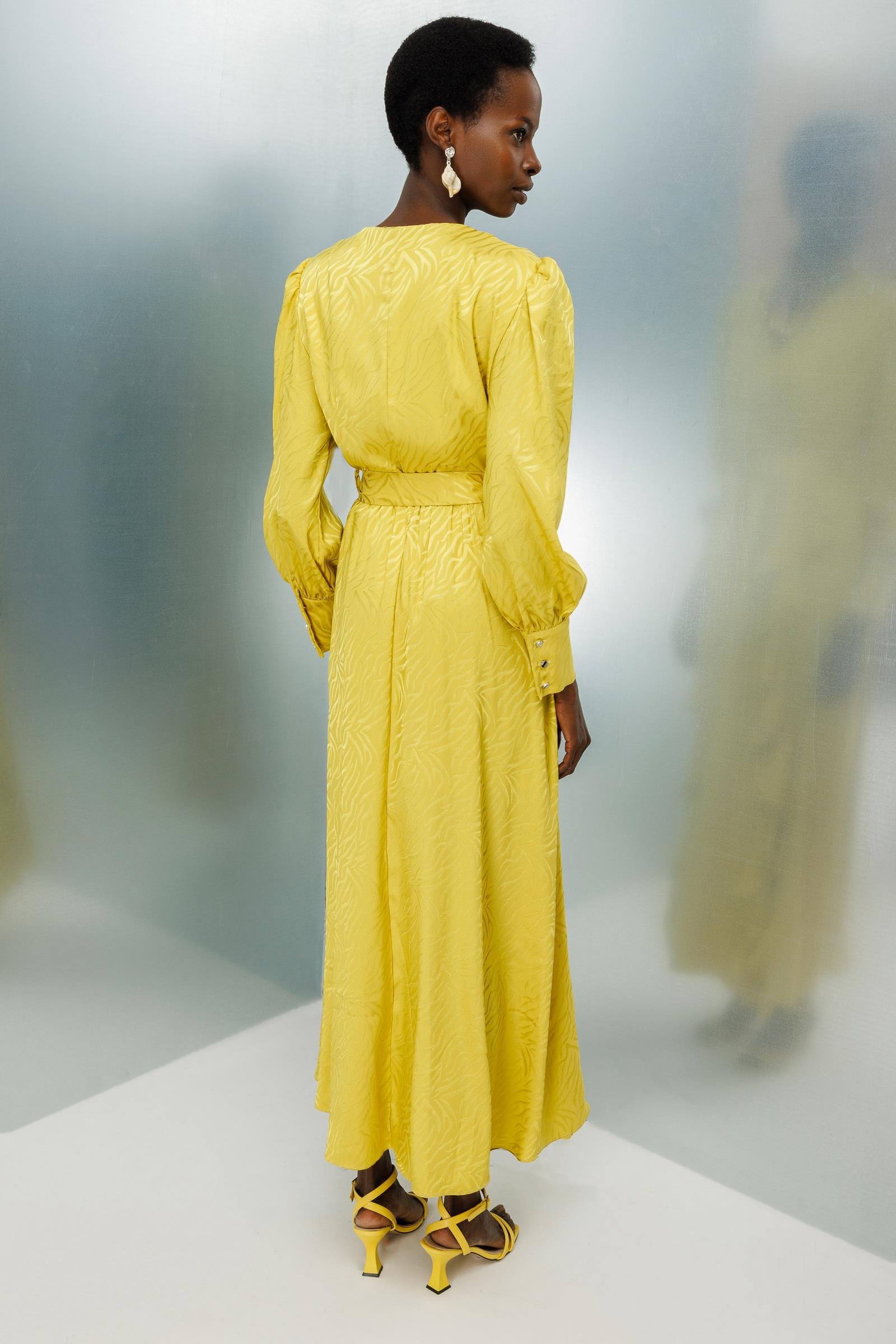 Modailgi  Volanlı Kruvaze Jakar Elbise Asit