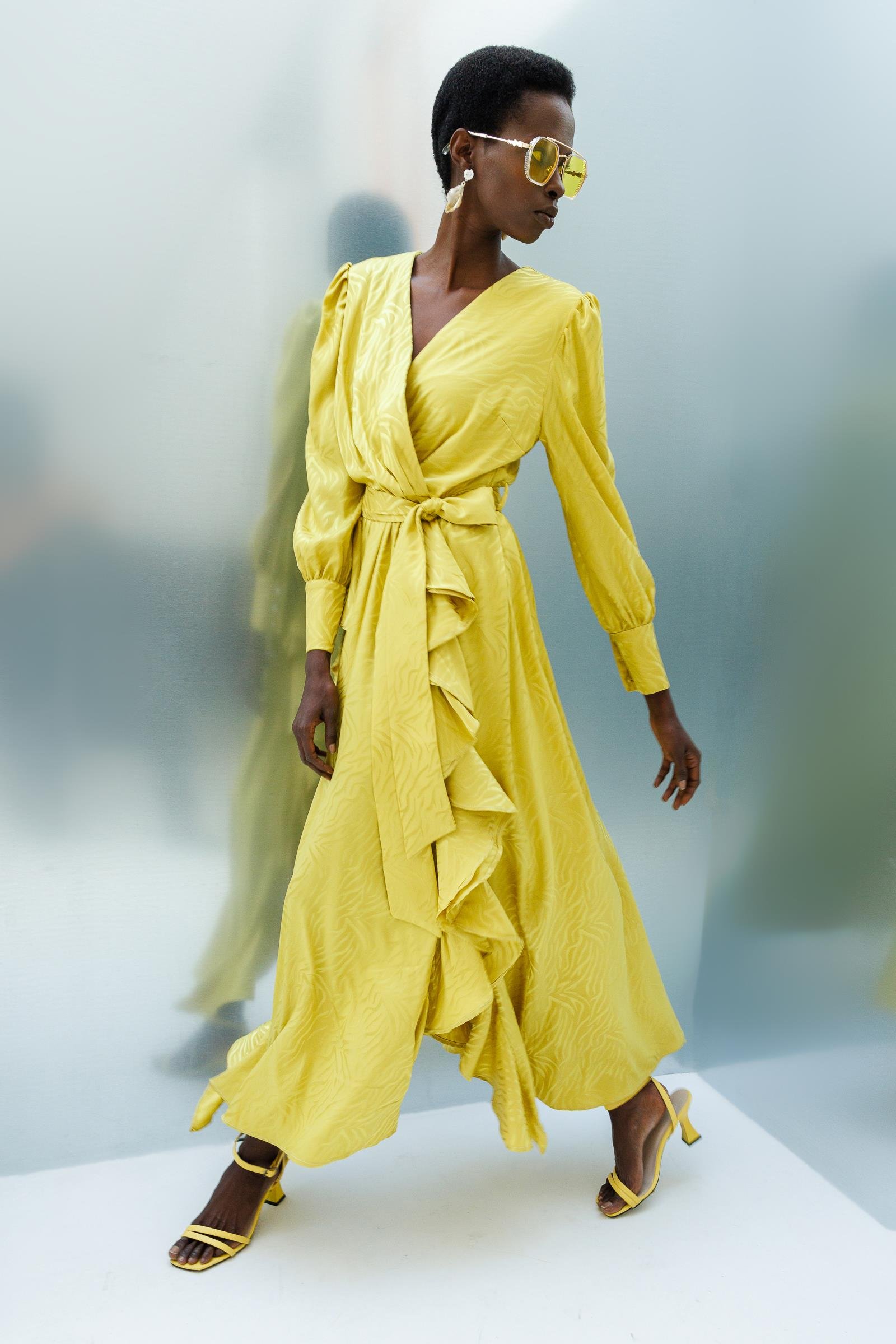 Modailgi  Volanlı Kruvaze Jakar Elbise Asit