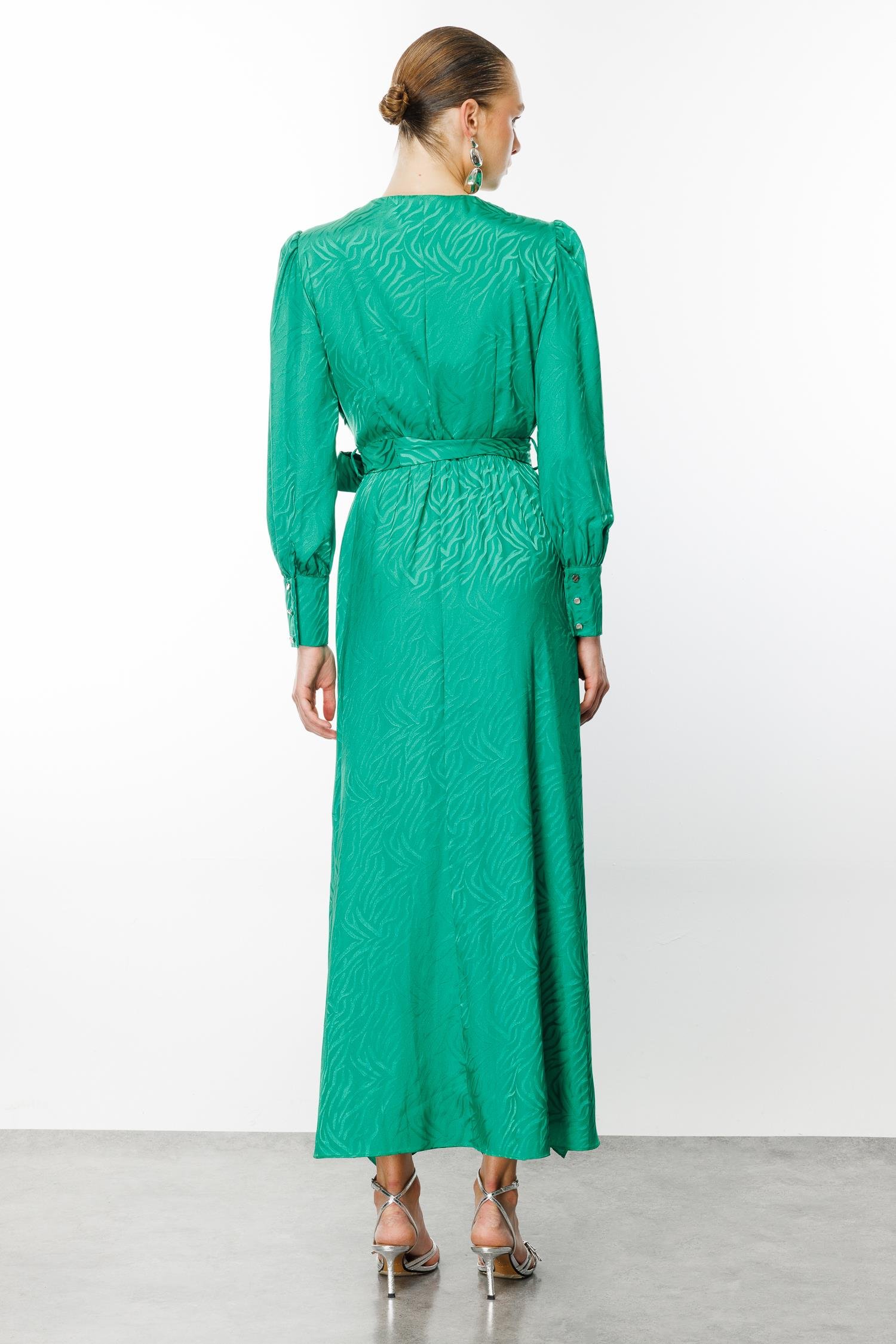 Modailgi  Volanlı Kruvaze Jakar Elbise Yeşil