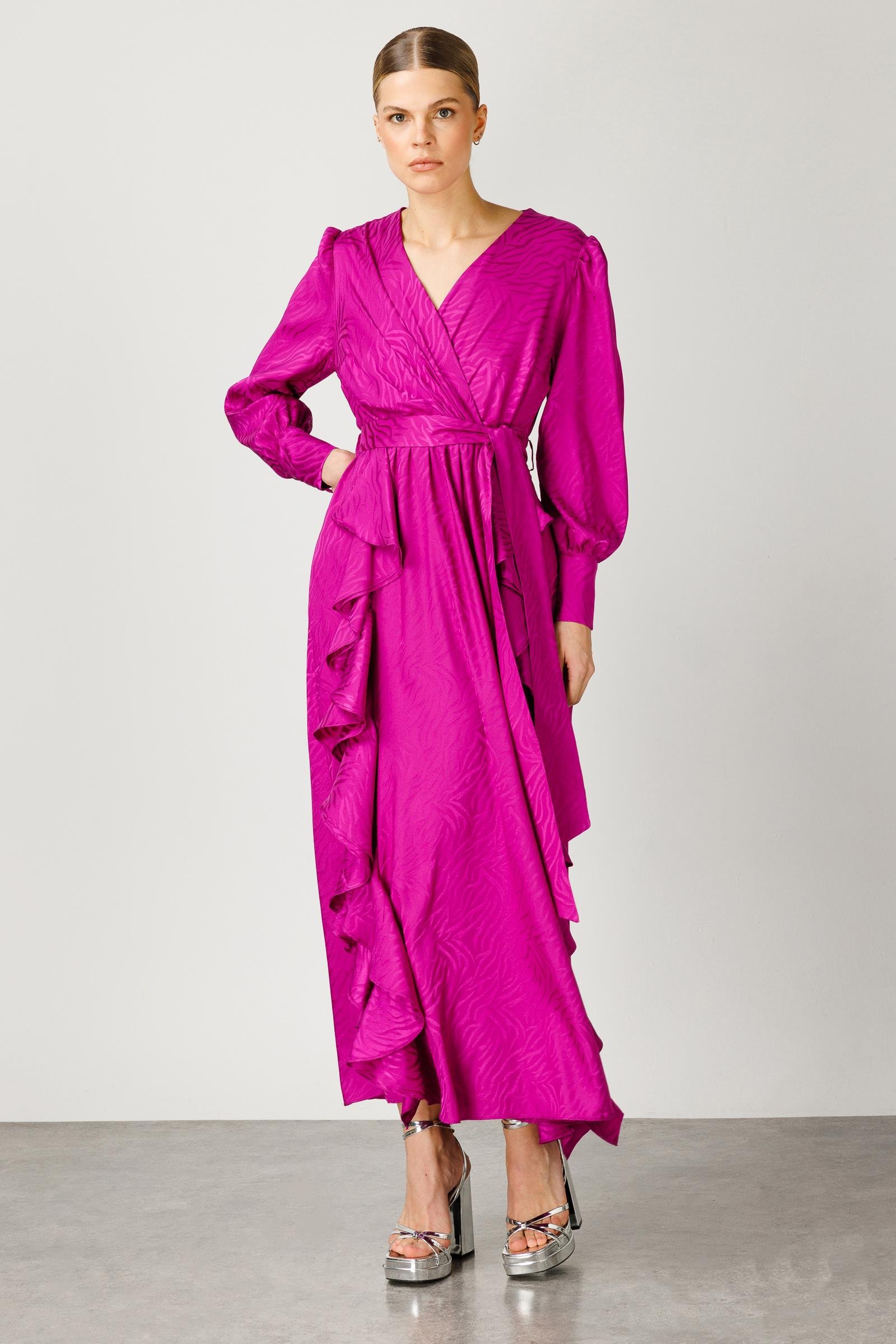 Modailgi  Volanlı Kruvaze Jakar Elbise Fuşya