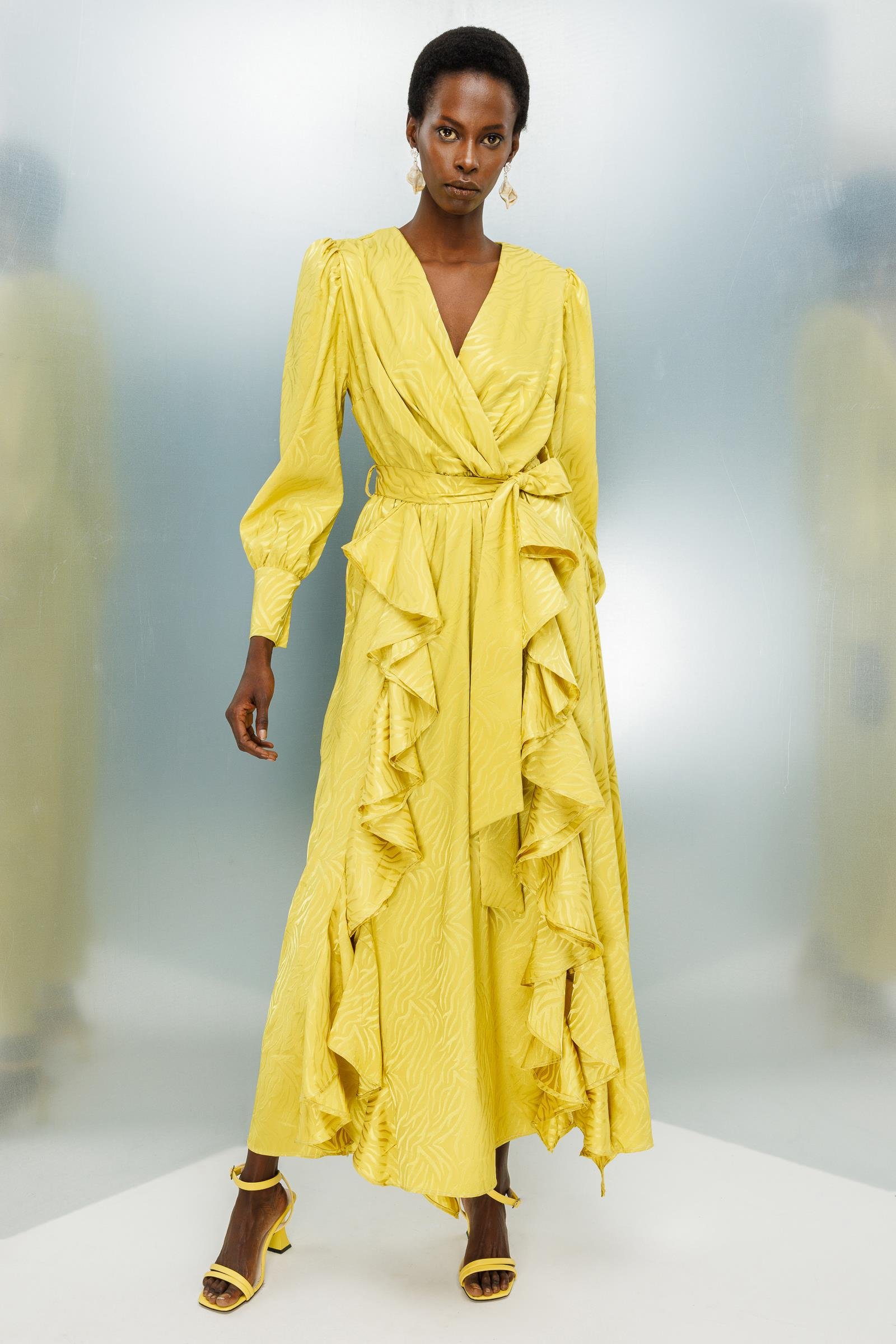 Modailgi  Volanlı Kruvaze Jakar Elbise Asit