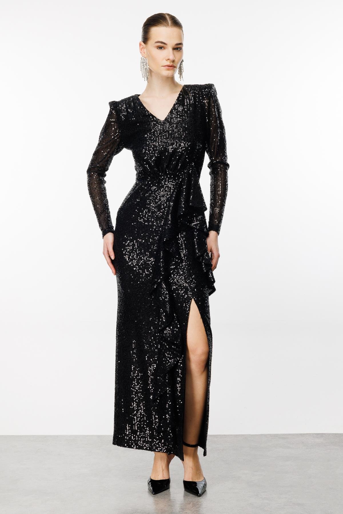 Modailgi  Volanlı Payet Elbise Siyah