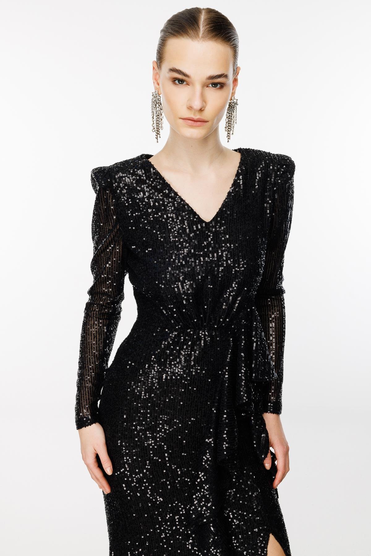 Modailgi  Volanlı Payet Elbise Siyah