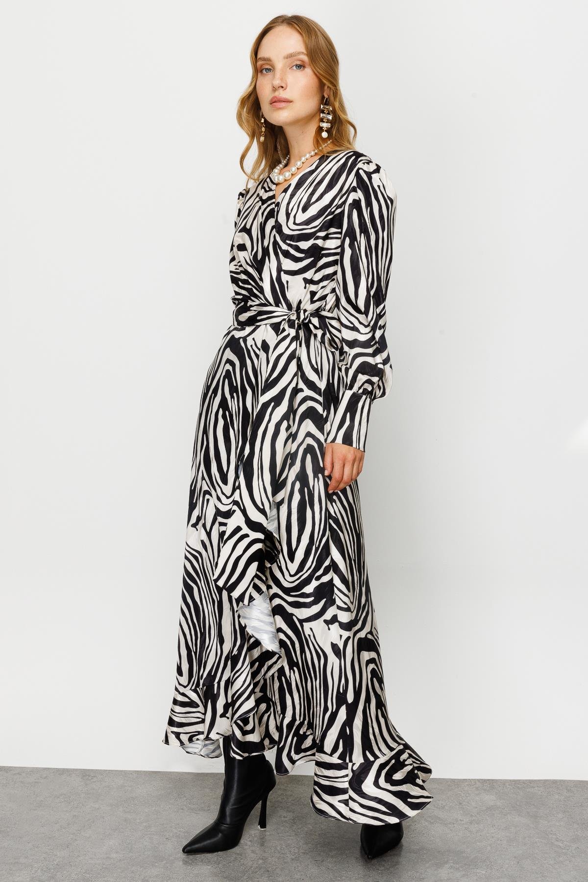 Modailgi  Volanlı Uzun Emprime Elbise Orijinal