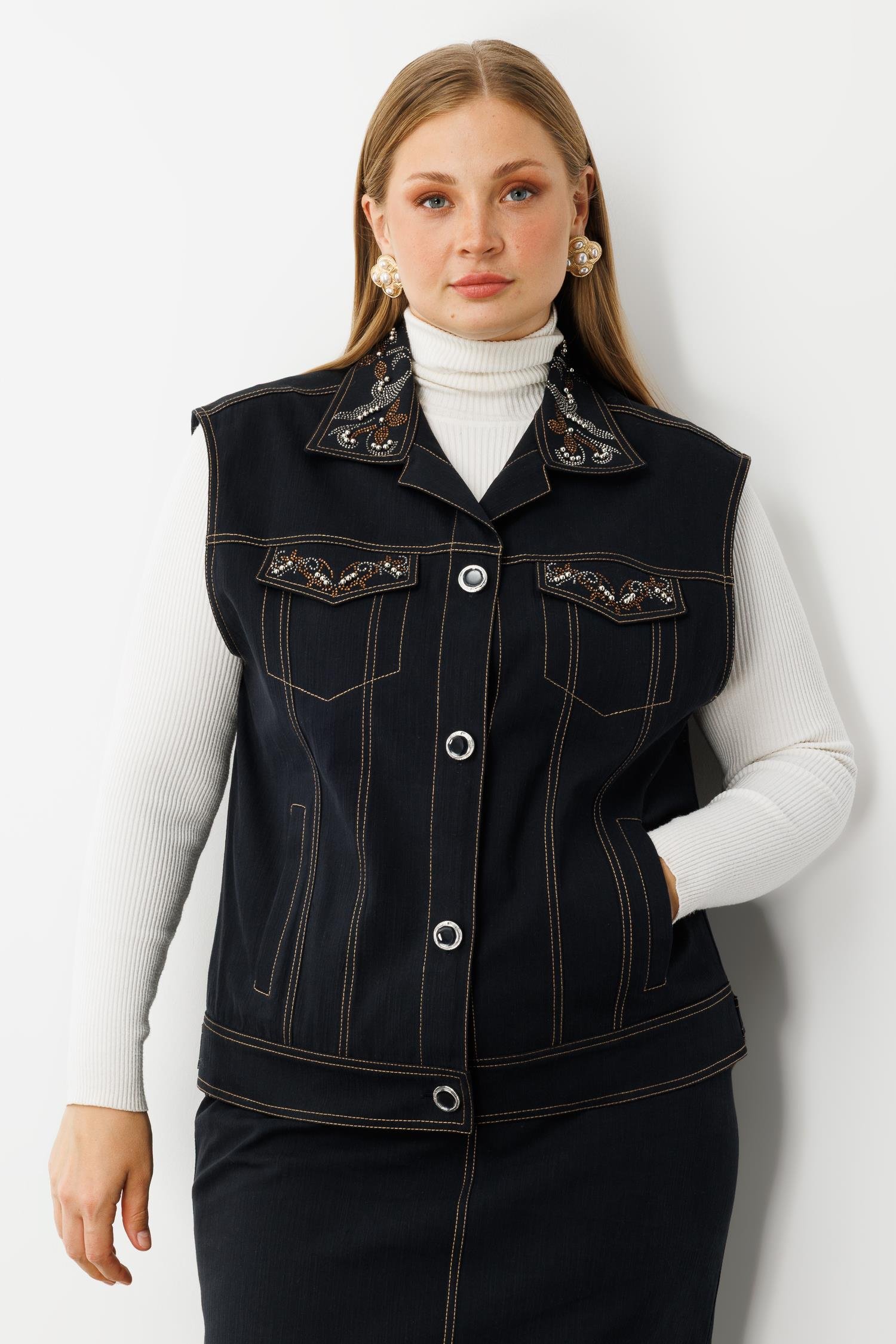 Modailgi  Yakası Cep Kapaklı Taş Detaylı Önü Düğmeli Denim Yelek - 20004 Lacivert