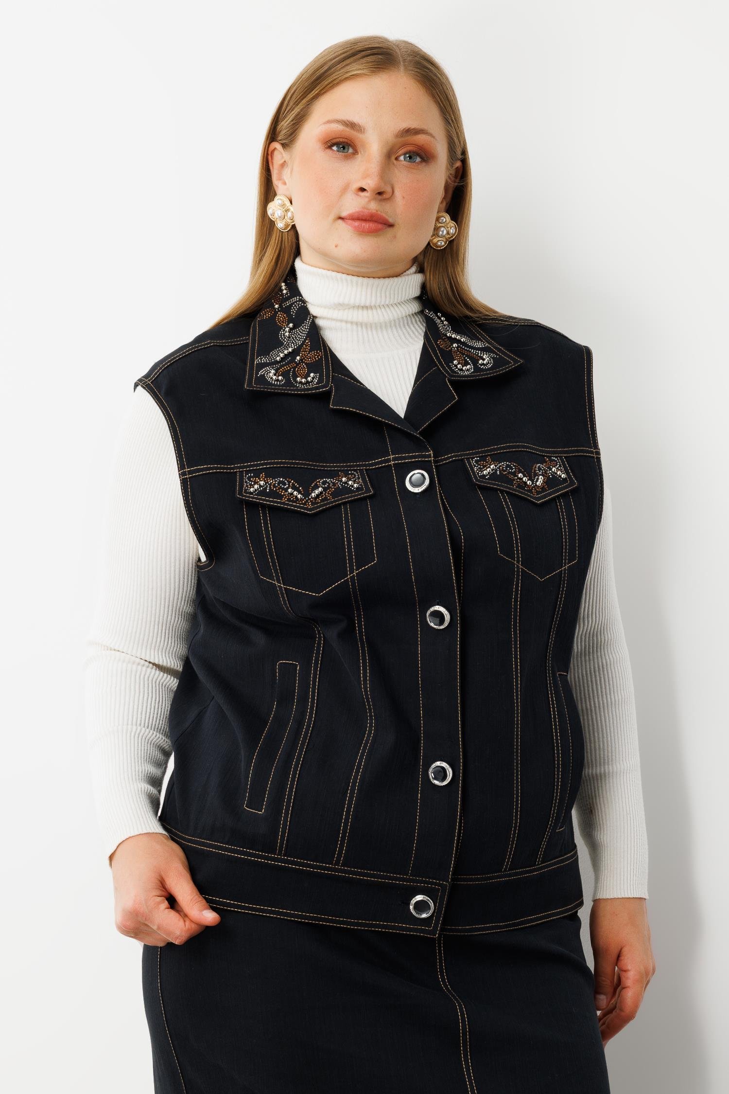 Modailgi  Yakası Cep Kapaklı Taş Detaylı Önü Düğmeli Denim Yelek - 20004 Lacivert