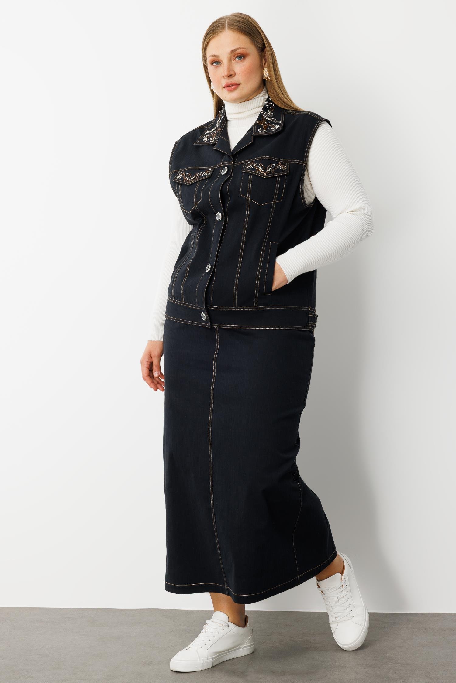 Modailgi  Yakası Cep Kapaklı Taş Detaylı Önü Düğmeli Denim Yelek - 20004 Lacivert