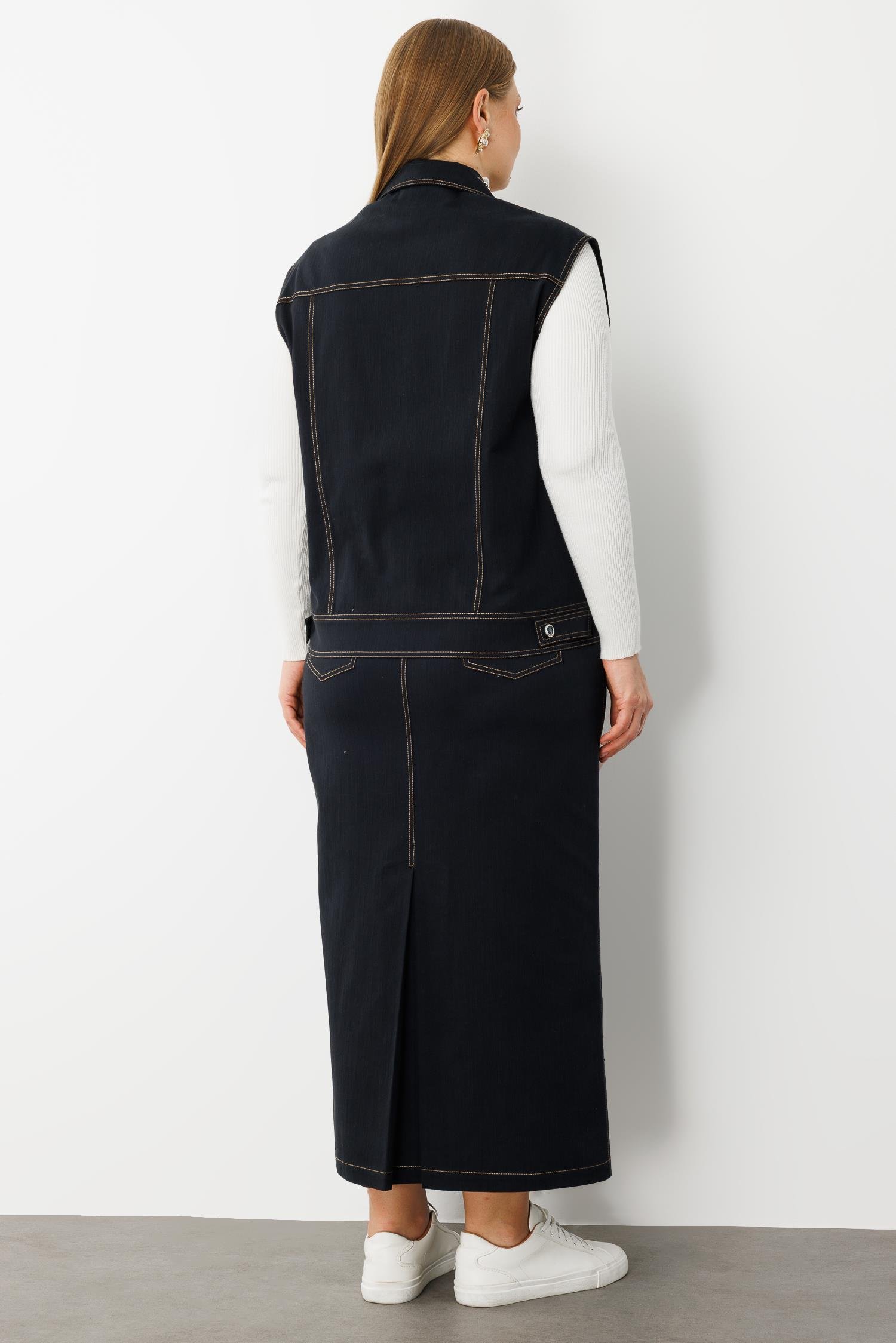 Modailgi  Yakası Cep Kapaklı Taş Detaylı Önü Düğmeli Denim Yelek - 20004 Lacivert