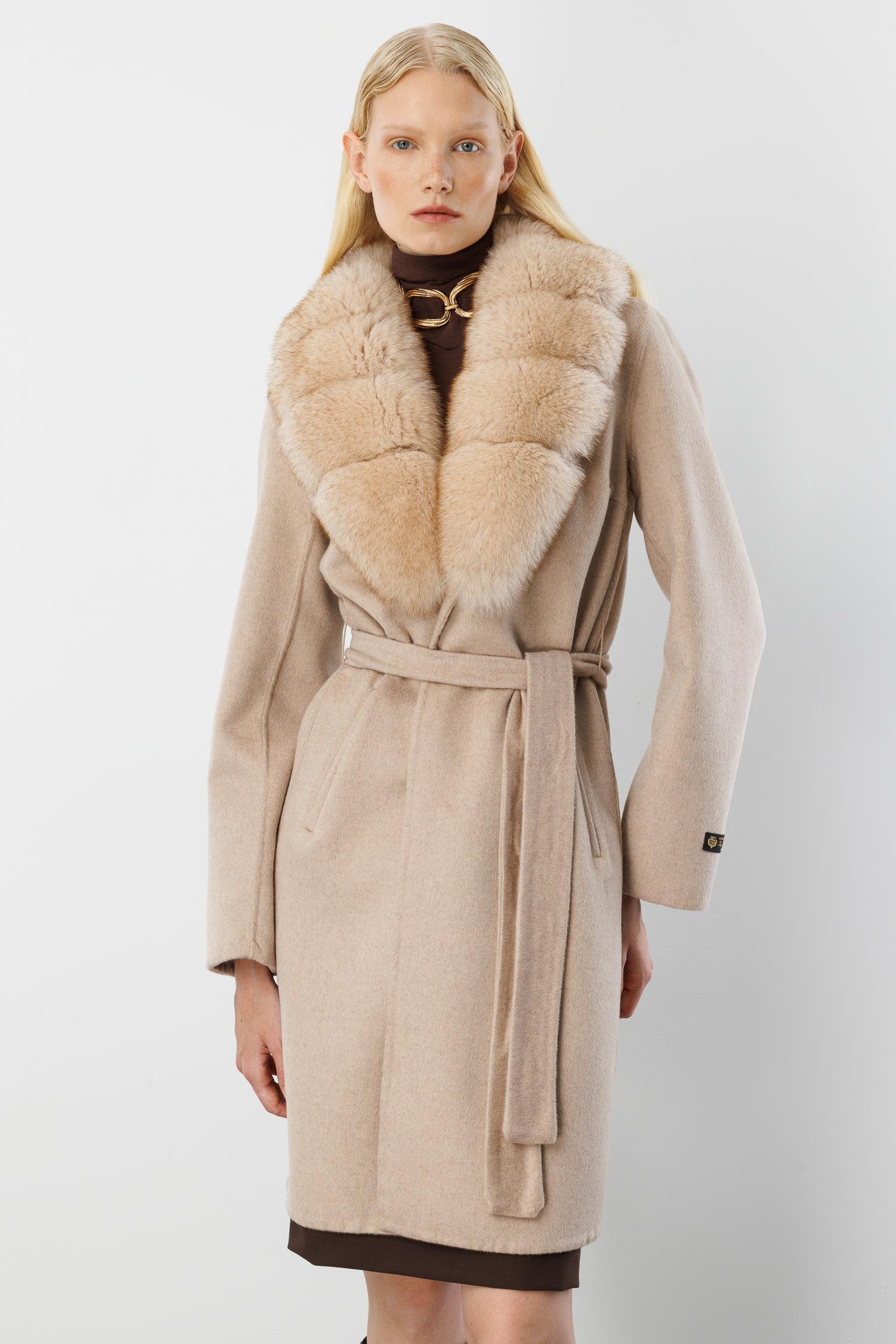 Modailgi  Yakası Kürklü Belden Kuşaklı Alpaca Kaban Taş