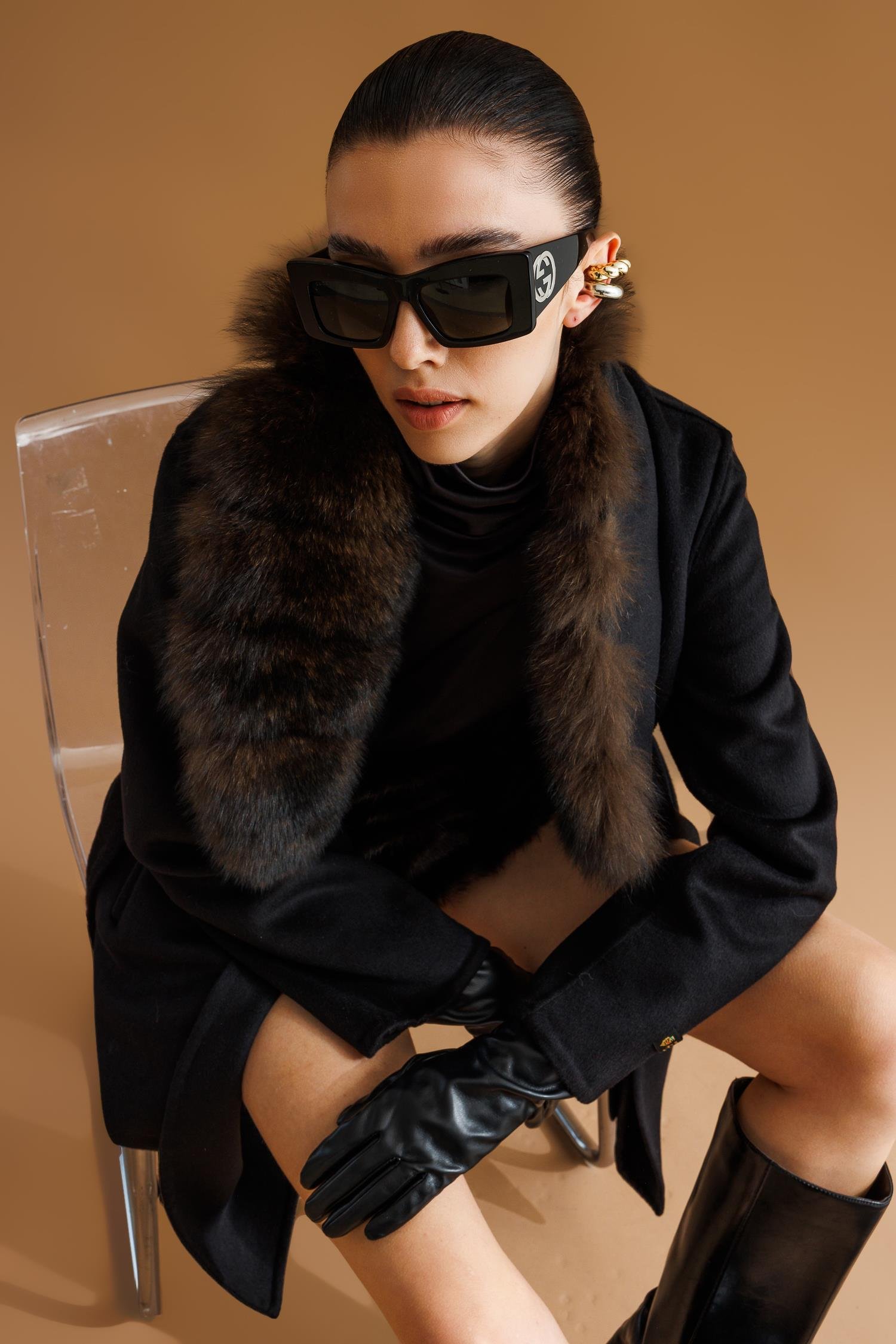 Modailgi  Yakası Kürklü Belden Kuşaklı Alpaca Kaban Siyah