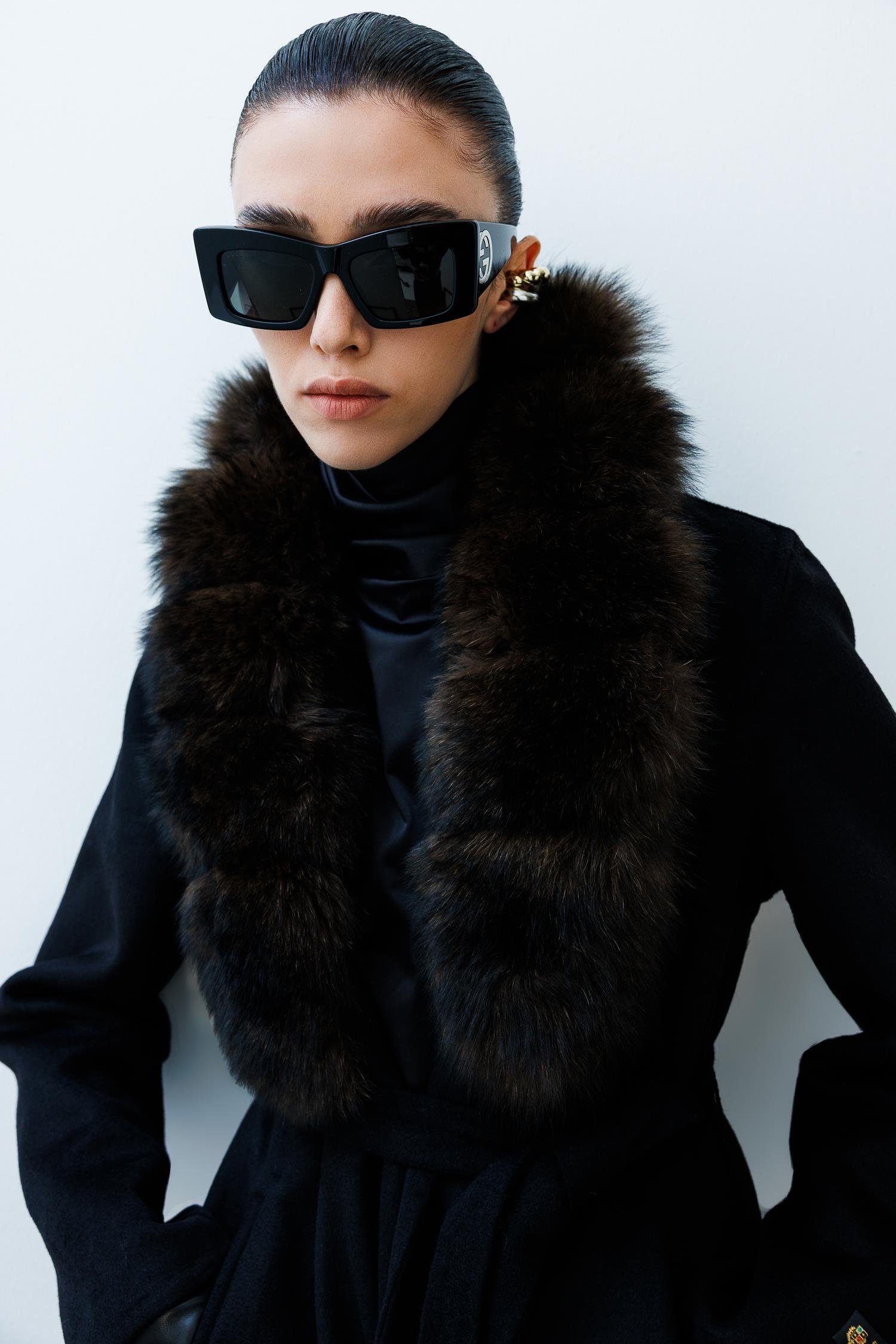 Modailgi  Yakası Kürklü Belden Kuşaklı Alpaca Kaban Siyah