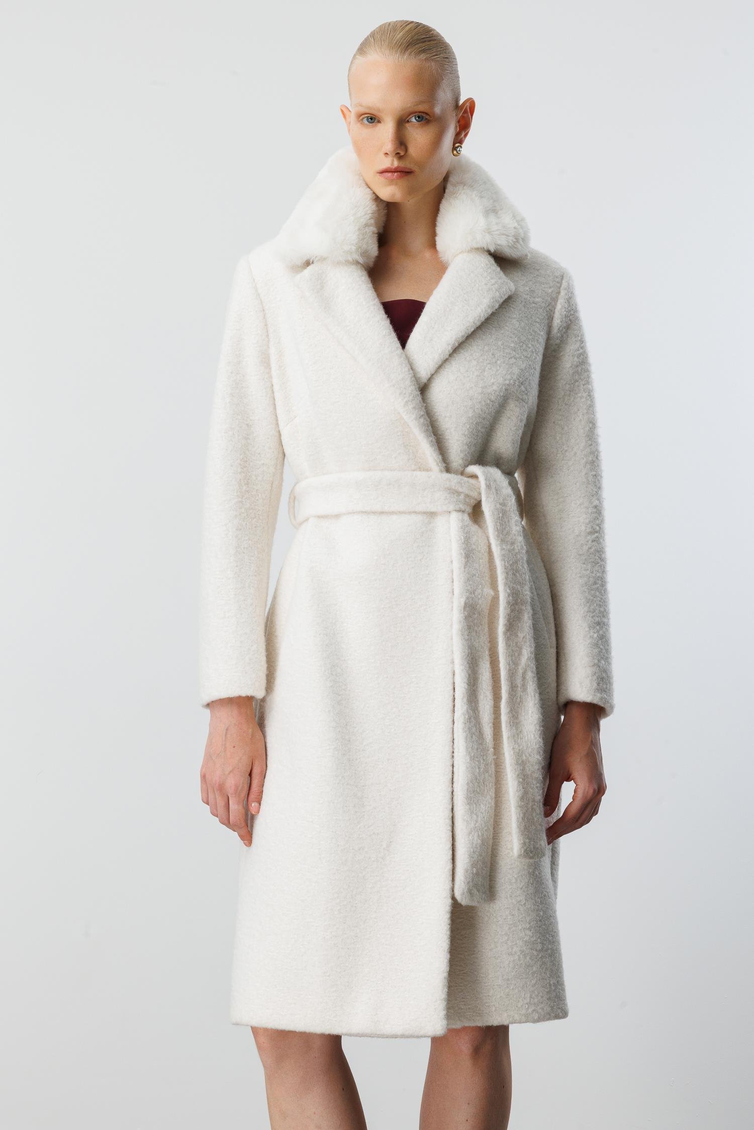 Modailgi  Yakası Kürklü Kırçıllı Uzun Kaşe Kaban Kemik