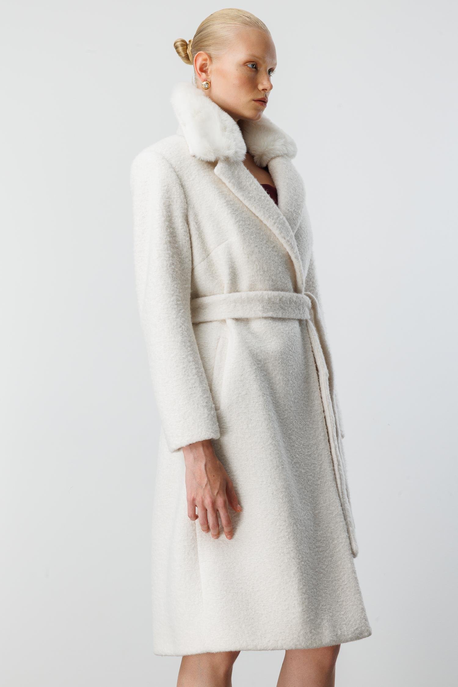 Modailgi  Yakası Kürklü Kırçıllı Uzun Kaşe Kaban Kemik