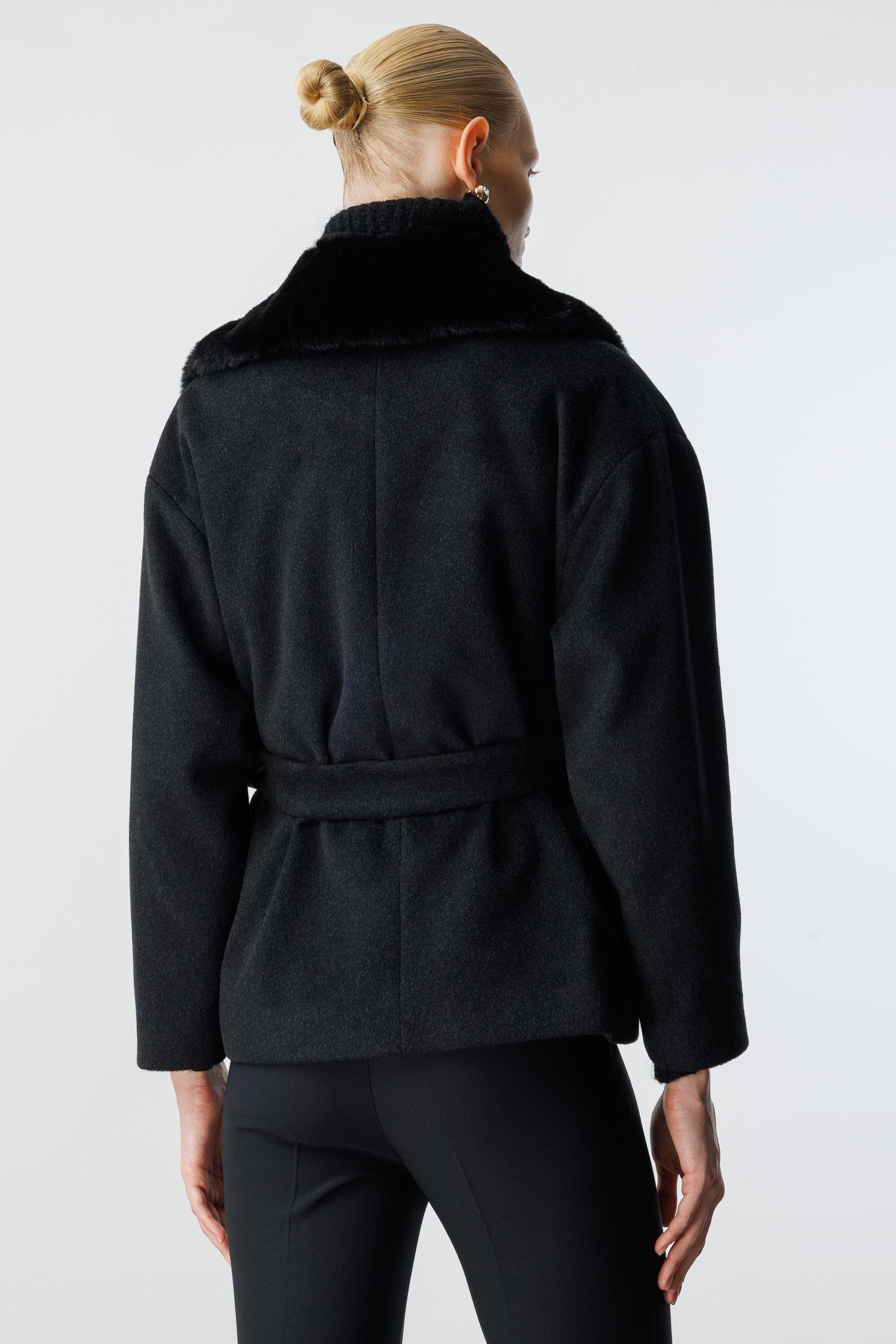 Modailgi  Yakası Kürklü Kruvaze Kemerli Kısa Kaşe Kaban Siyah