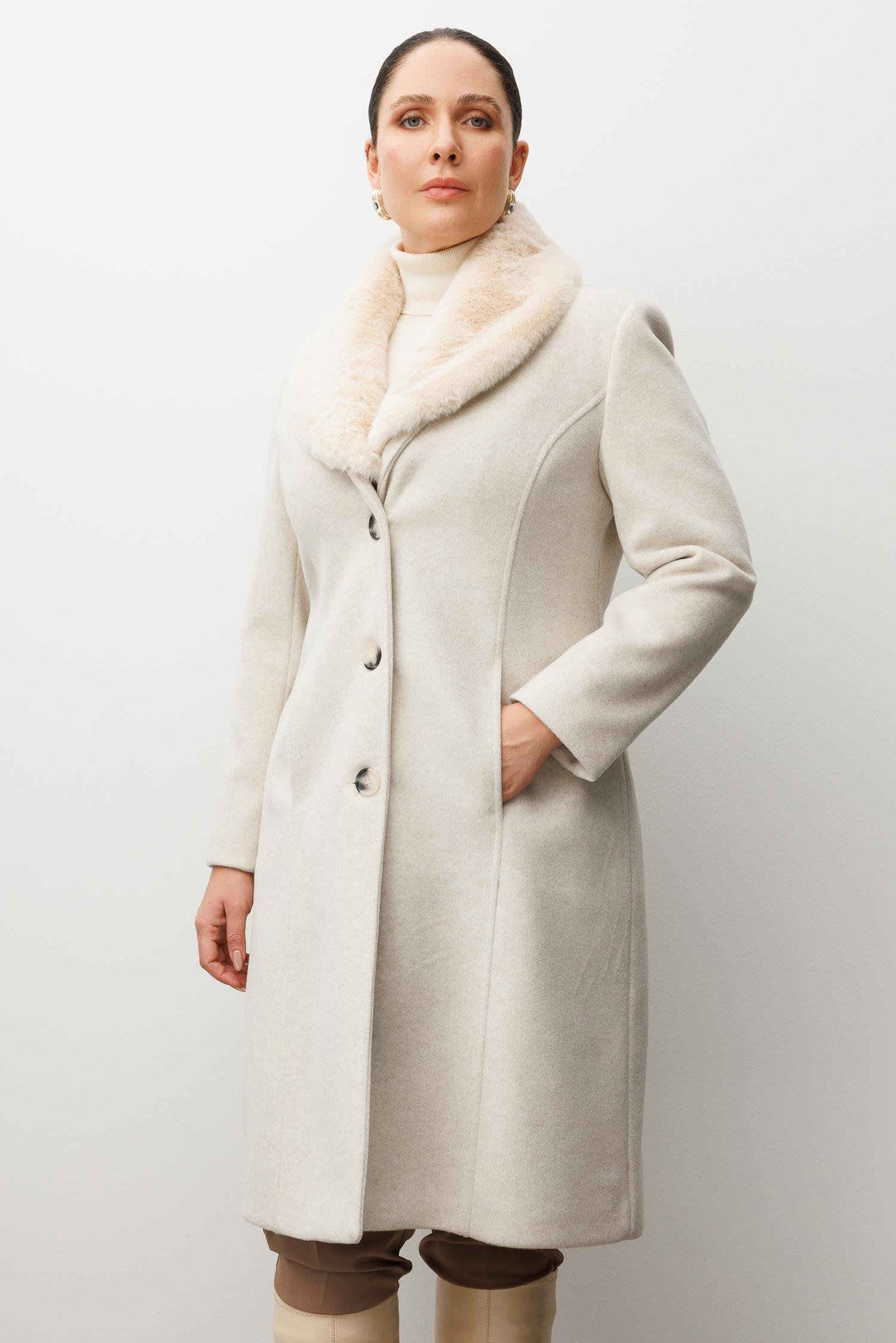 Modailgi  Yakası Kürklü Önden Düğmeli Kaşe Kaban Kemik