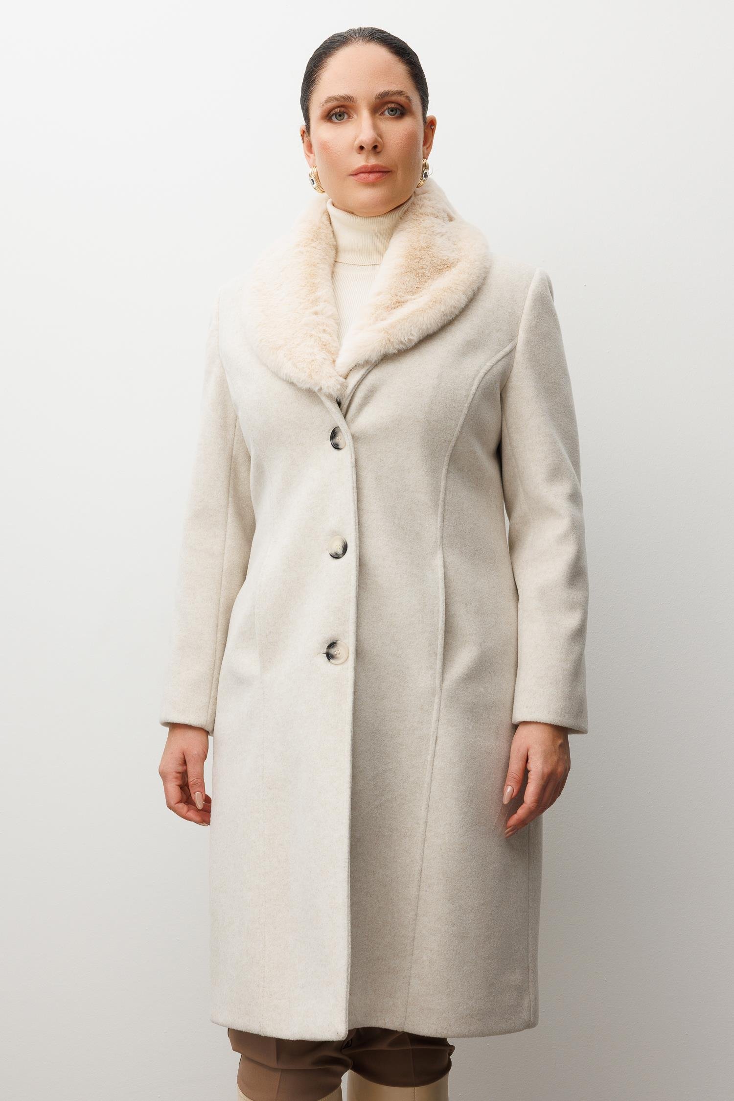 Modailgi  Yakası Kürklü Önden Düğmeli Kaşe Kaban Kemik