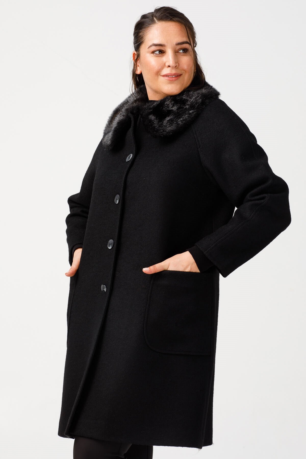 Modailgi  Yakası Kürklü Reglan Kol Kaban Siyah