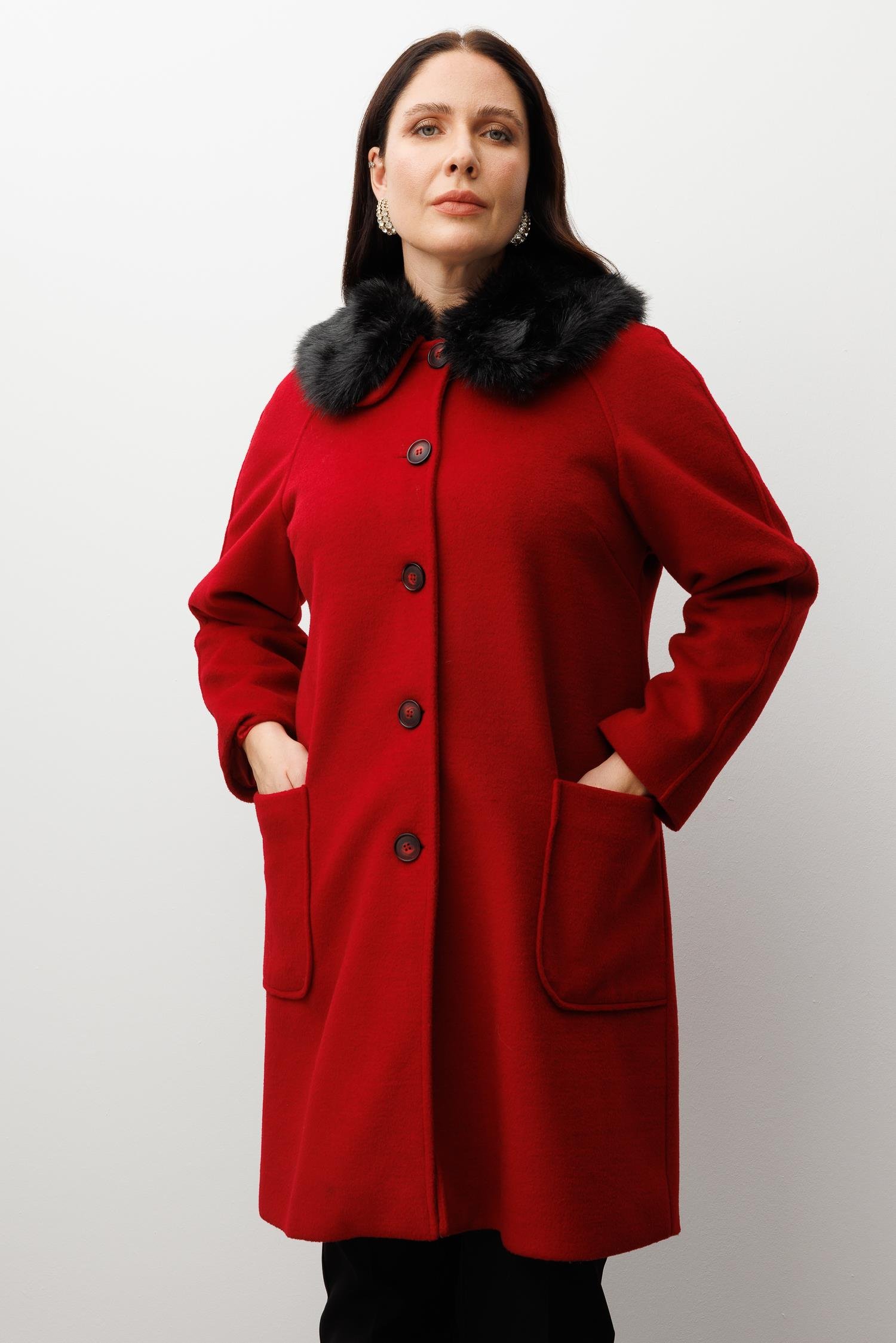 Modailgi  Yakası Kürklü Reglan Kol Kaban Kırmızı