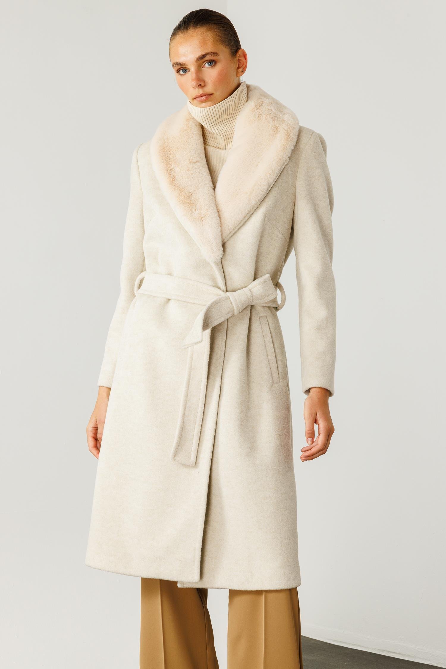 Modailgi  Yakası Kürklü Uzun Kaşe Kaban Kemik