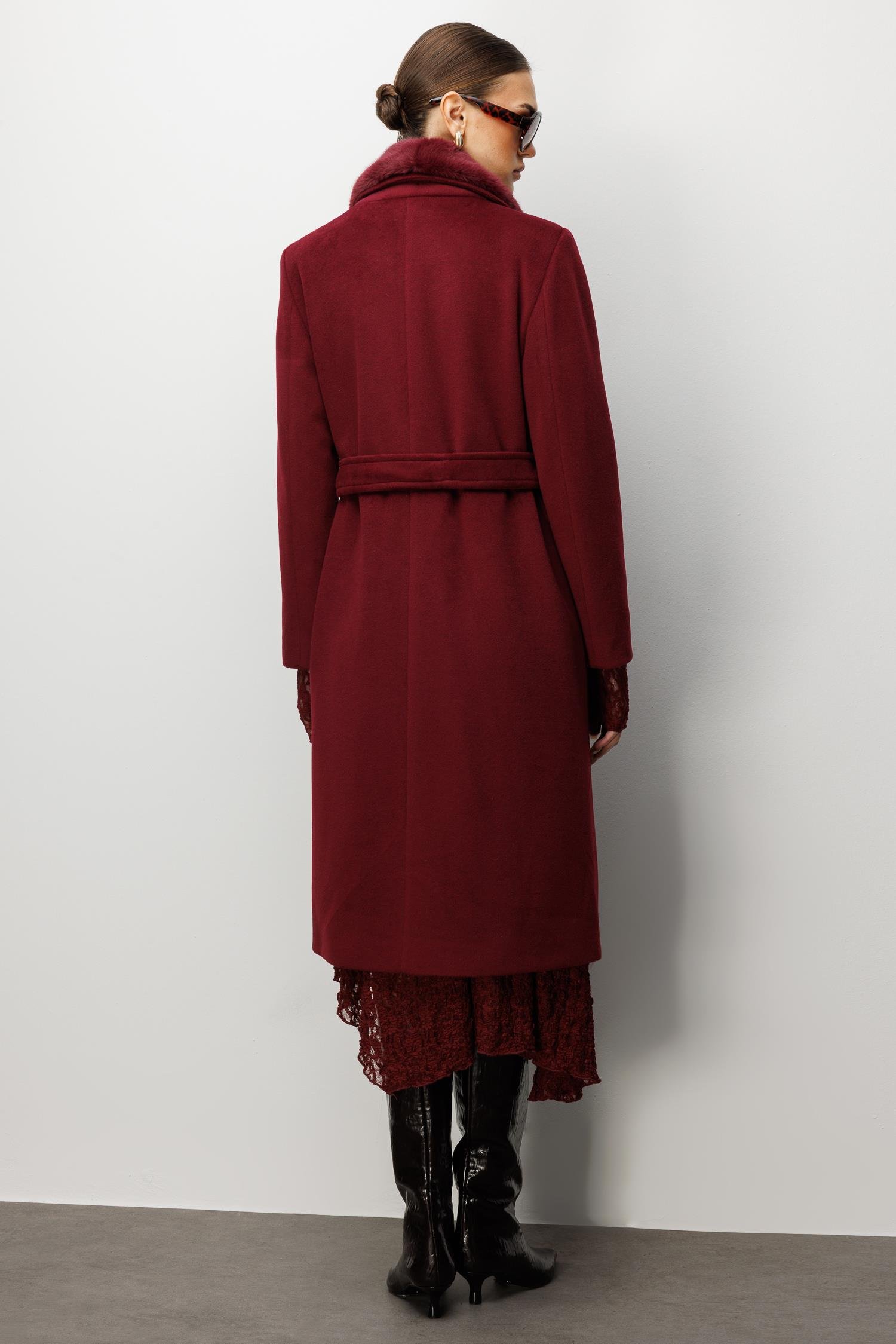 Modailgi  Yakası Kürklü Uzun Kaşe Kaban Bordo