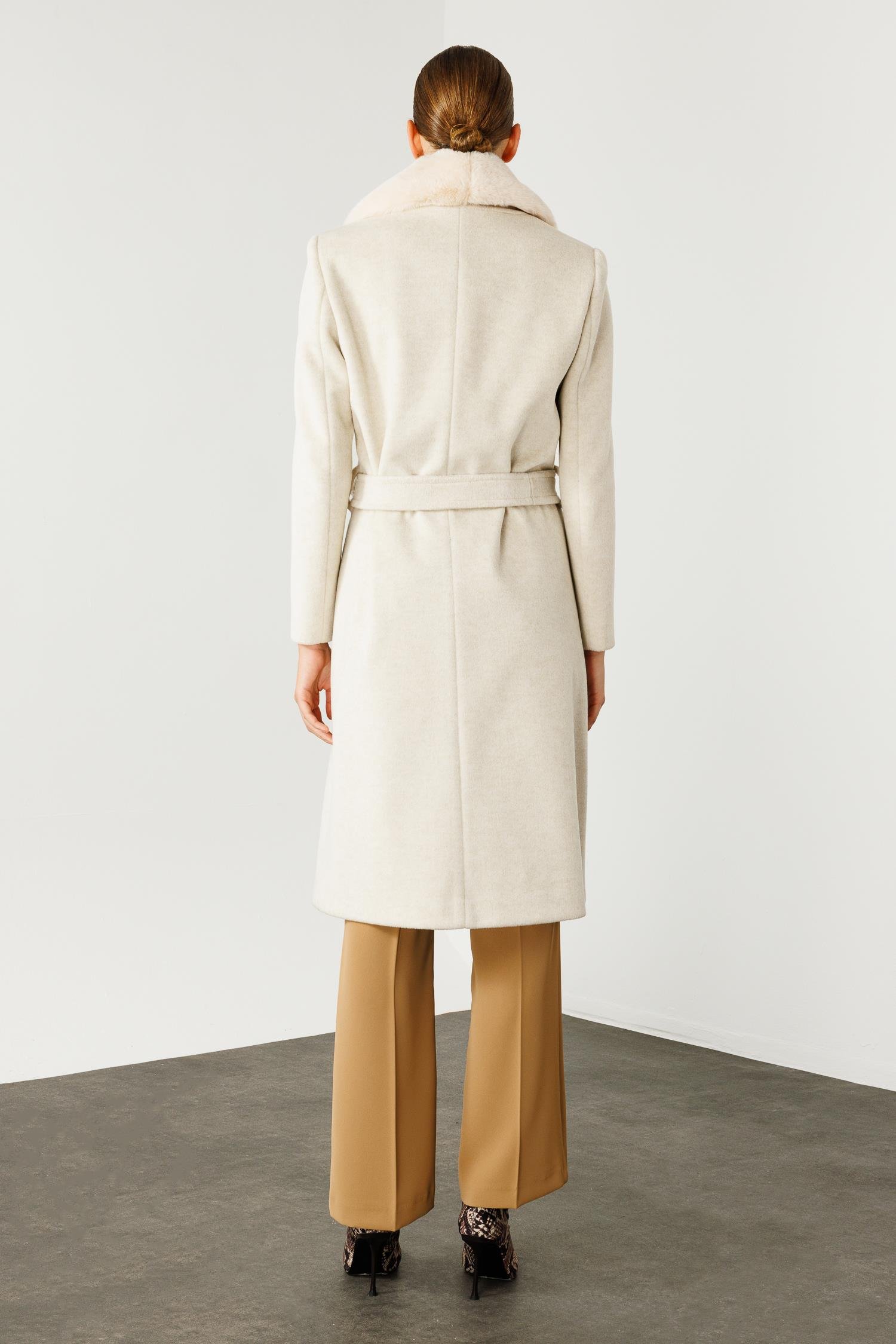 Modailgi  Yakası Kürklü Uzun Kaşe Kaban Kemik