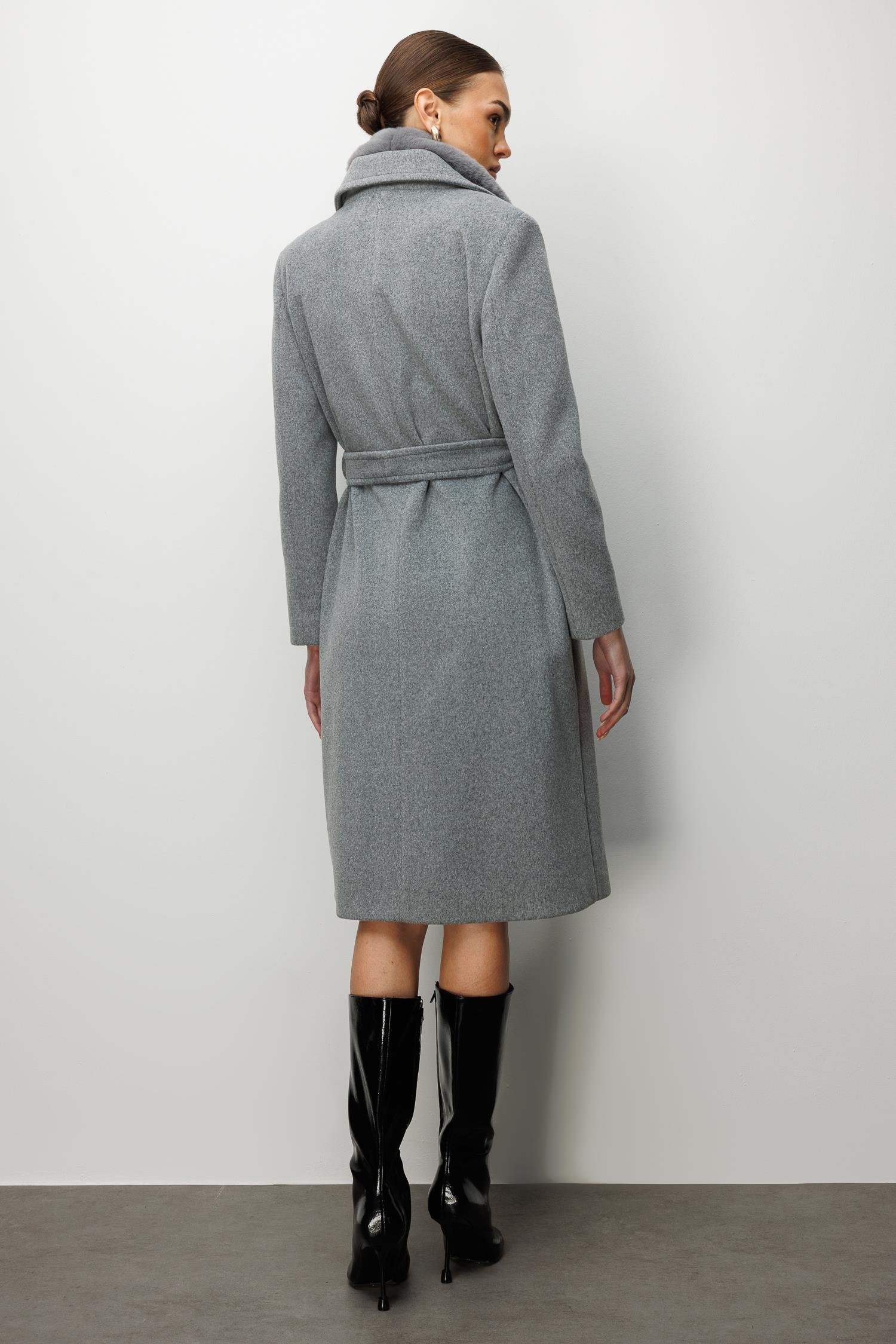 Modailgi  Yakası Kürklü Uzun Kaşe Kaban Gri