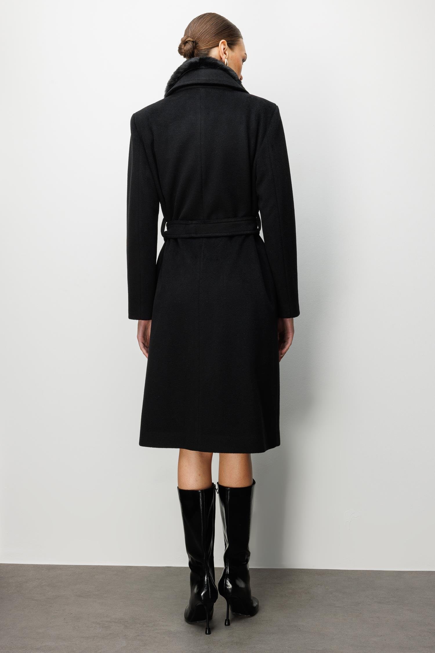 Modailgi  Yakası Kürklü Uzun Kaşe Kaban Siyah