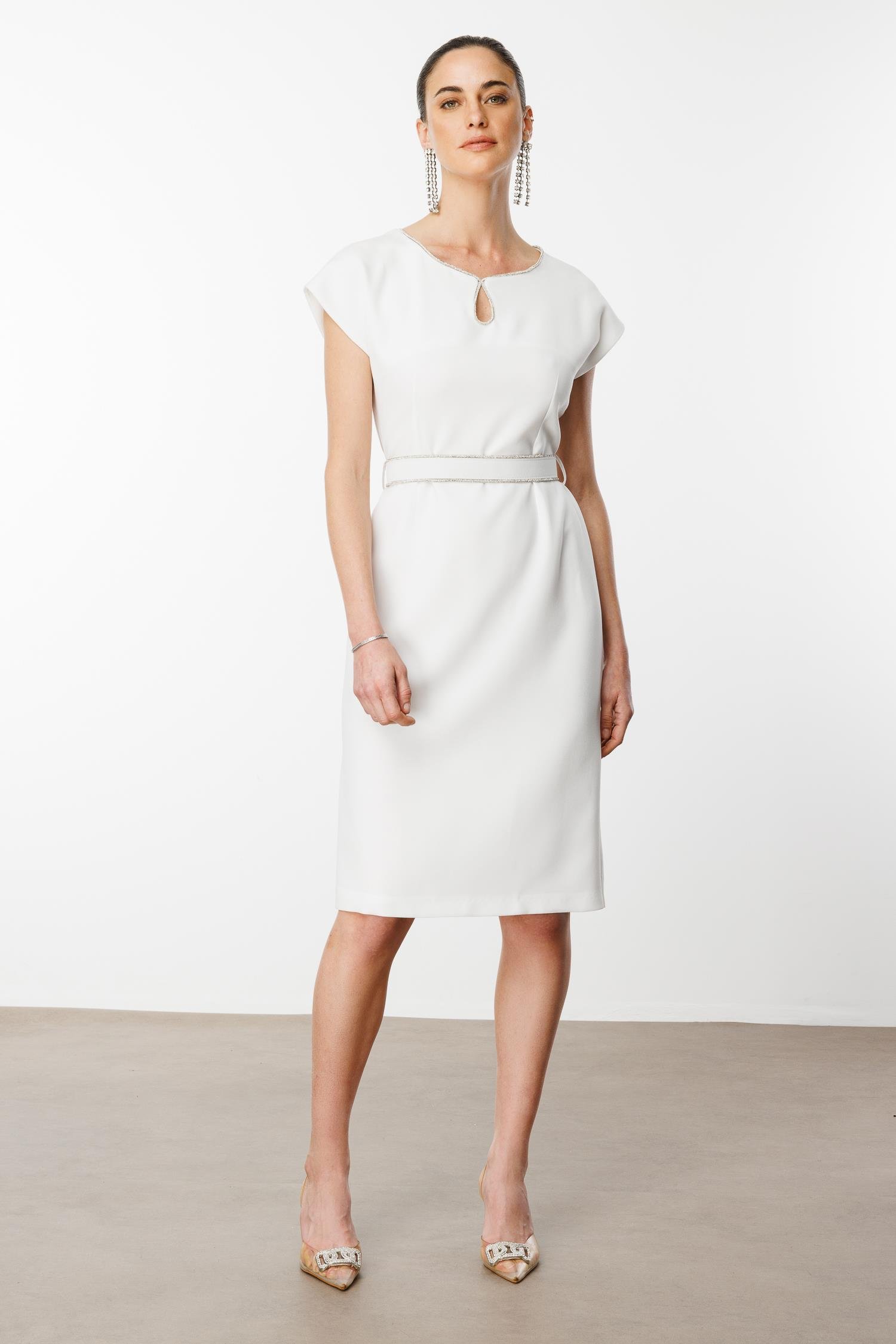 Modailgi  Yakası Şerit Taş Detaylı Elbise Ekru