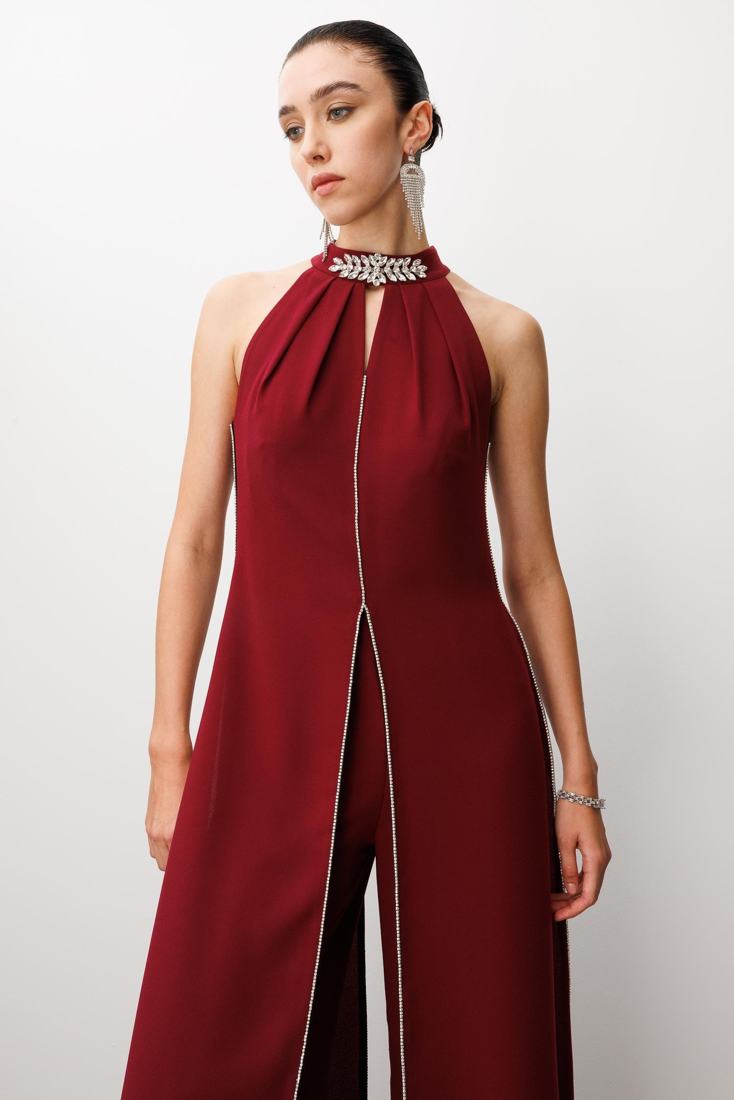 Modailgi  Yakası Taş Aksesuarlı Tulum Bordo