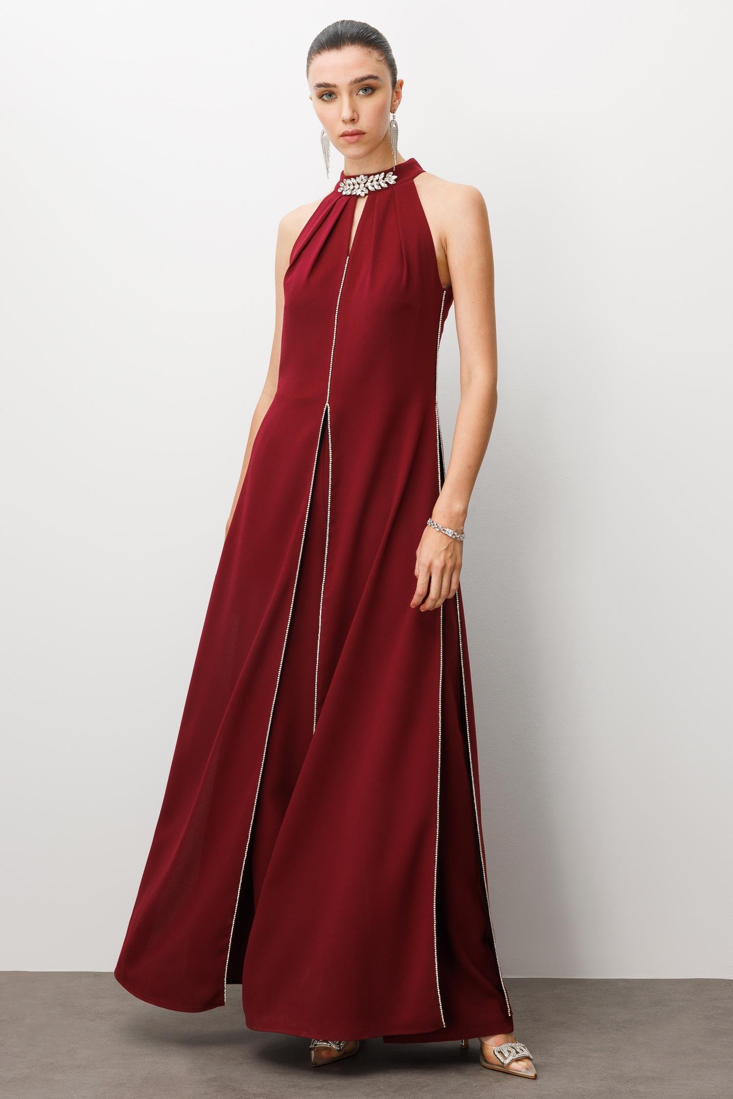 Modailgi  Yakası Taş Aksesuarlı Tulum Bordo