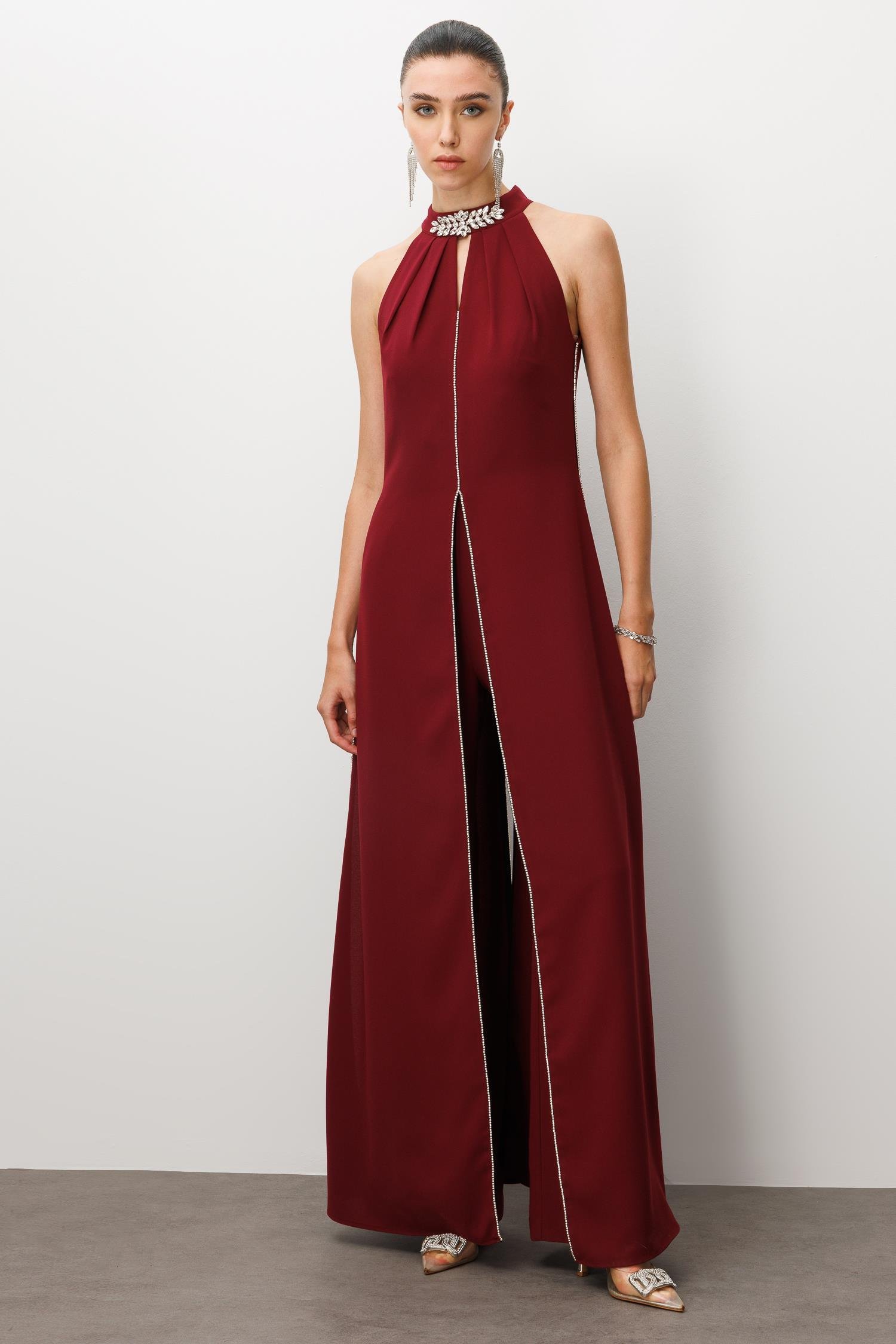 Modailgi  Yakası Taş Aksesuarlı Tulum Bordo