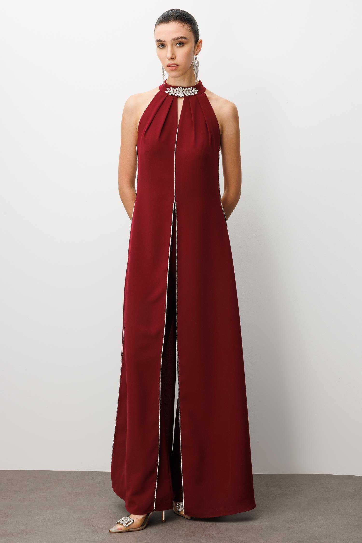 Modailgi  Yakası Taş Aksesuarlı Tulum Bordo