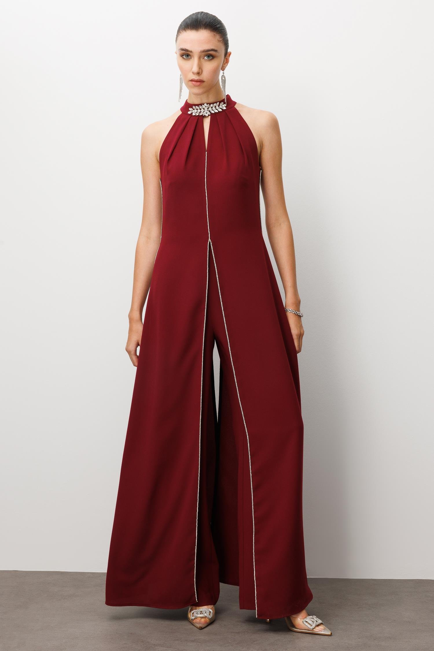 Modailgi  Yakası Taş Aksesuarlı Tulum Bordo