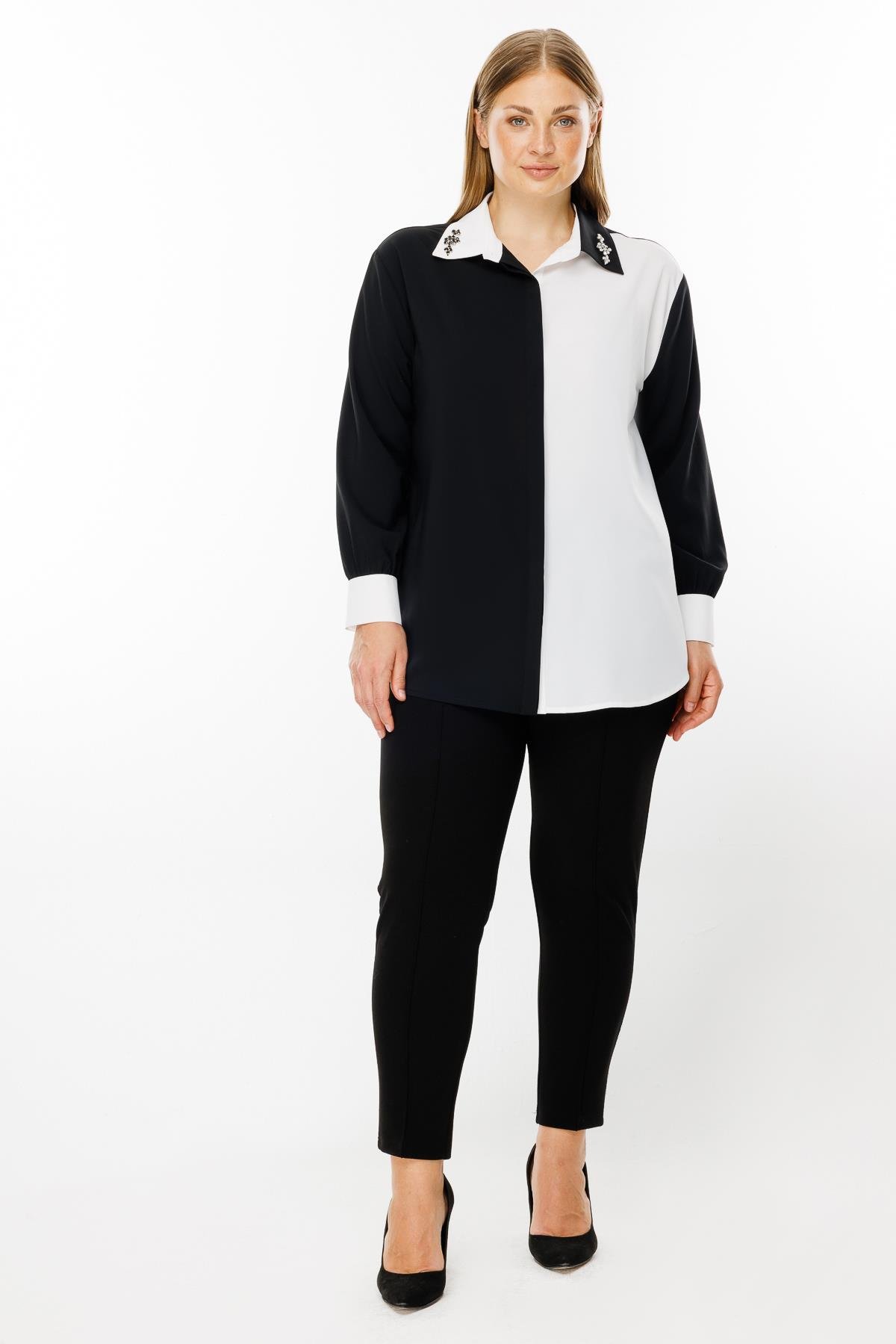 Modailgi  Yakası Taş İşlemeli Gömlek Siyah/Ekru