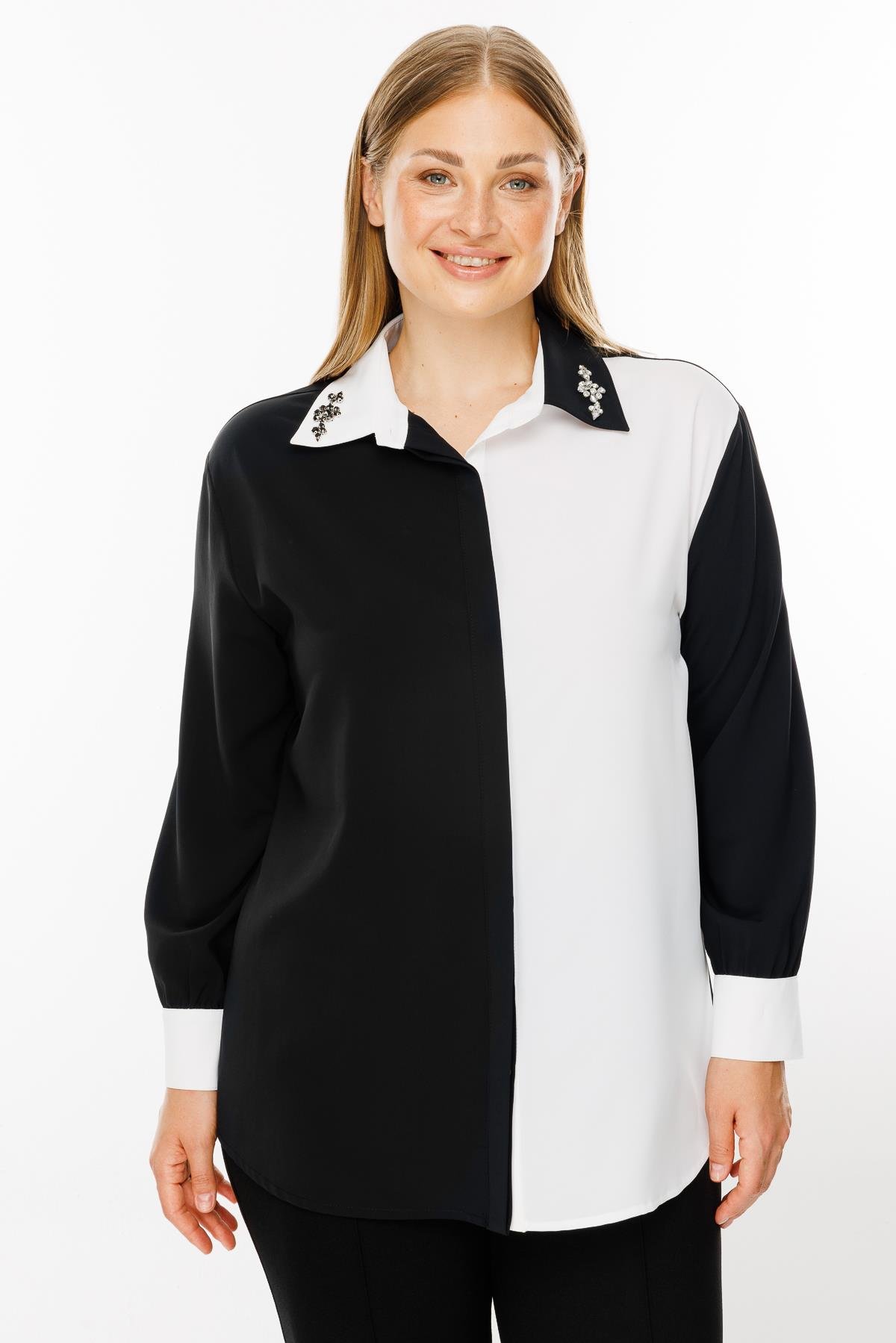 Modailgi  Yakası Taş İşlemeli Gömlek Siyah/Ekru