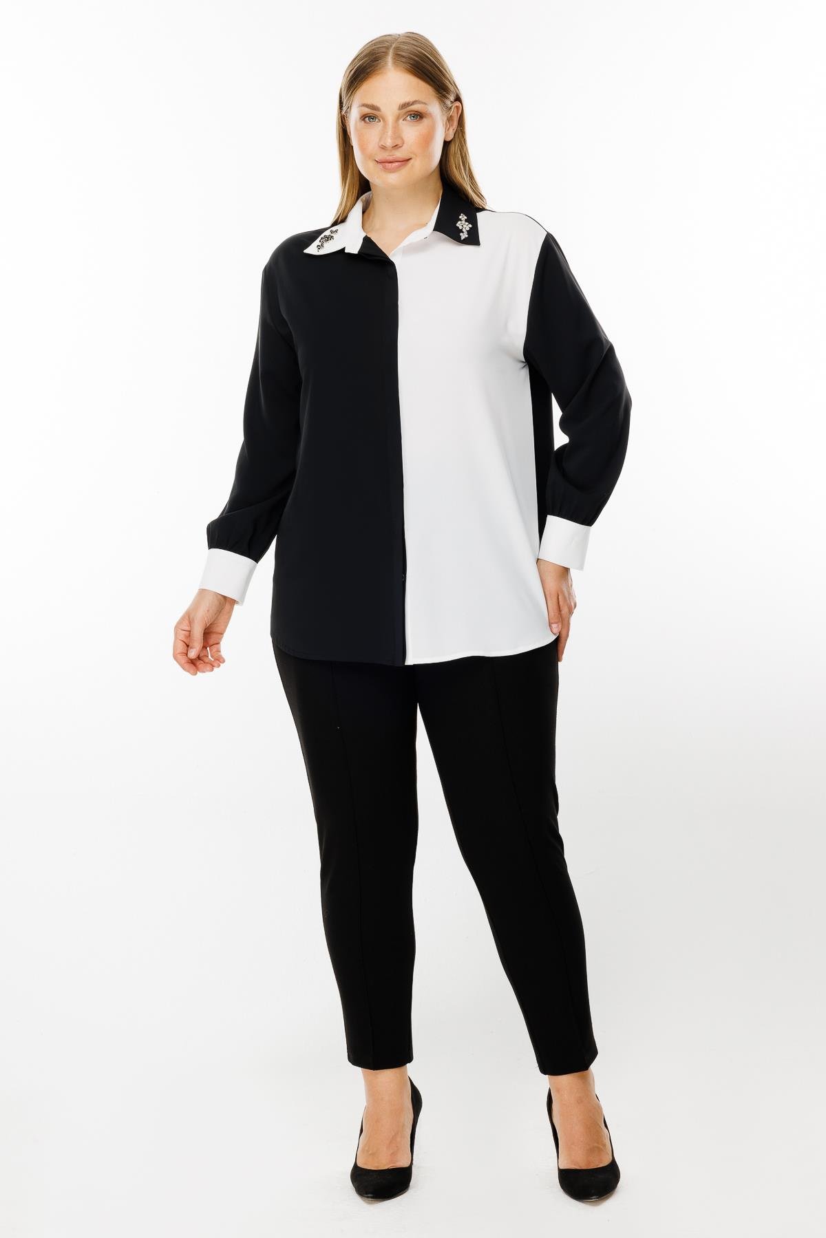 Modailgi  Yakası Taş İşlemeli Gömlek Siyah/Ekru