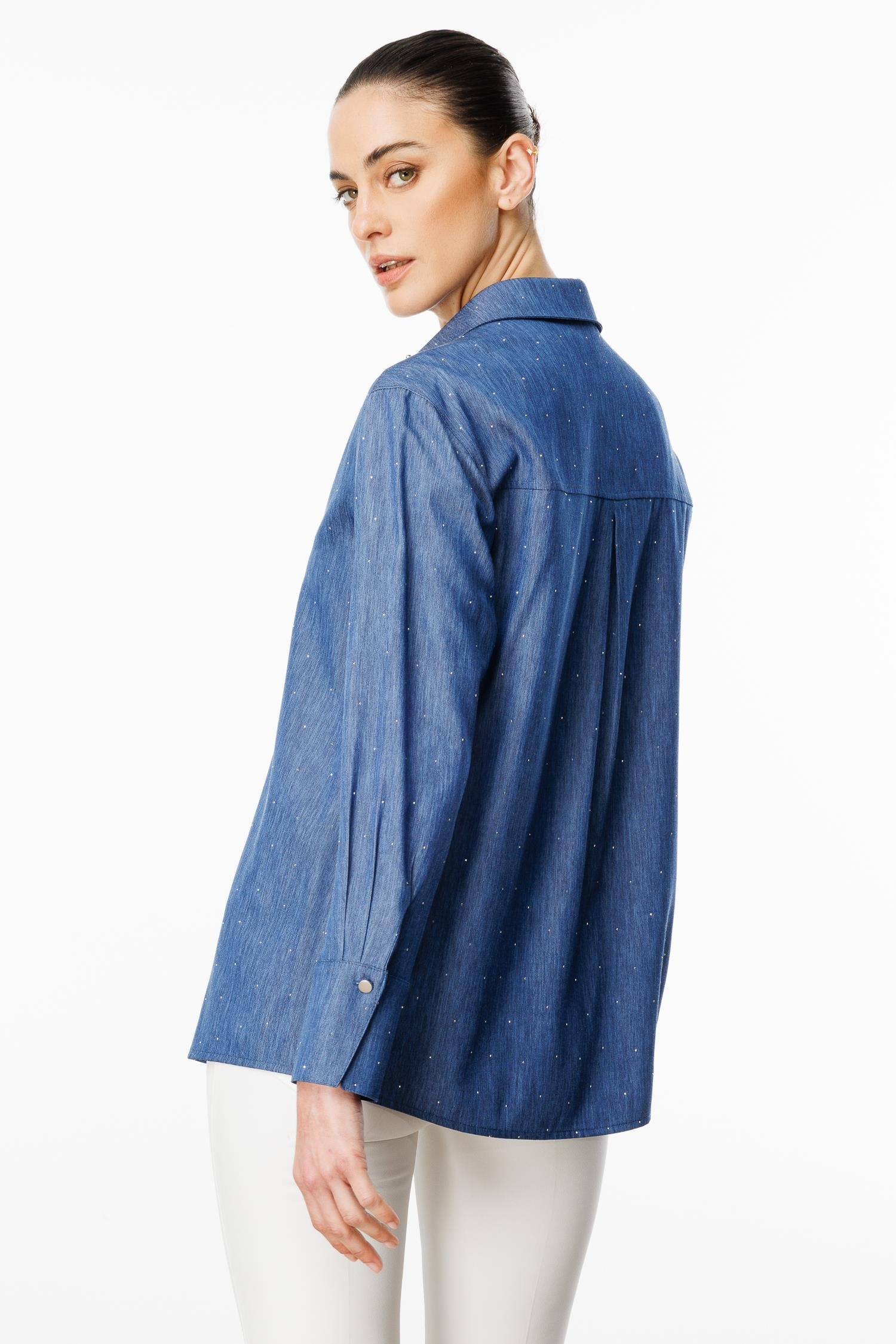 Modailgi  Yakası Taş İşlemeli Taşlı Tencel Gömlek Mavi