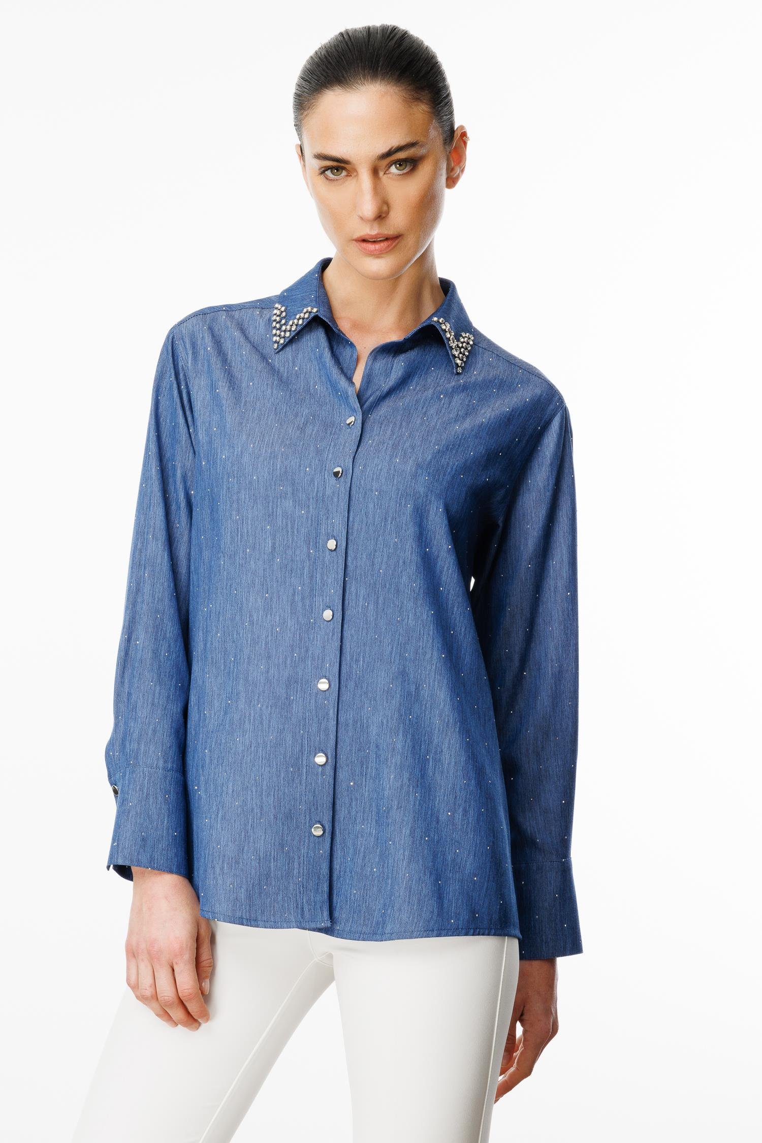 Modailgi  Yakası Taş İşlemeli Taşlı Tencel Gömlek Mavi