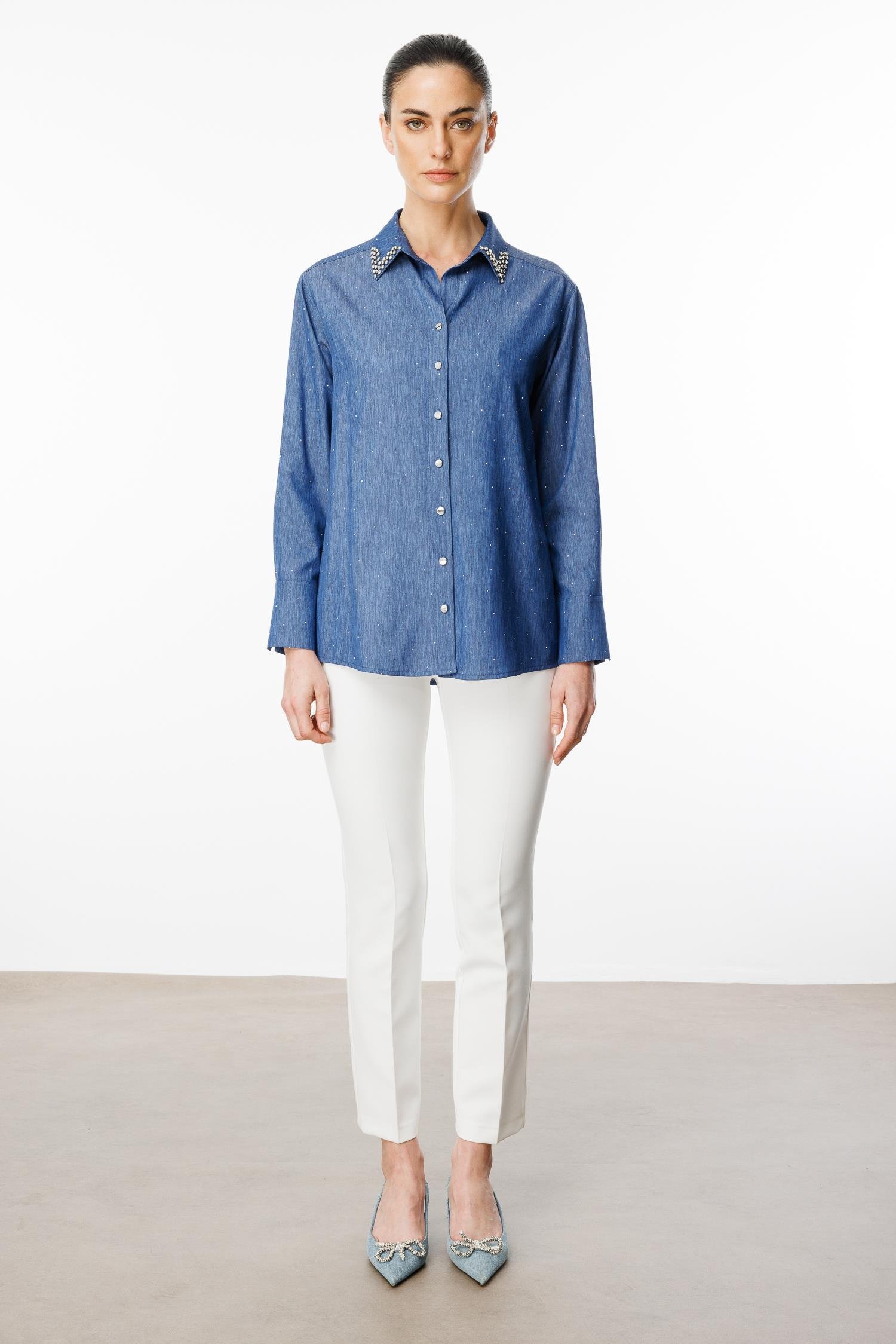 Modailgi  Yakası Taş İşlemeli Taşlı Tencel Gömlek Mavi