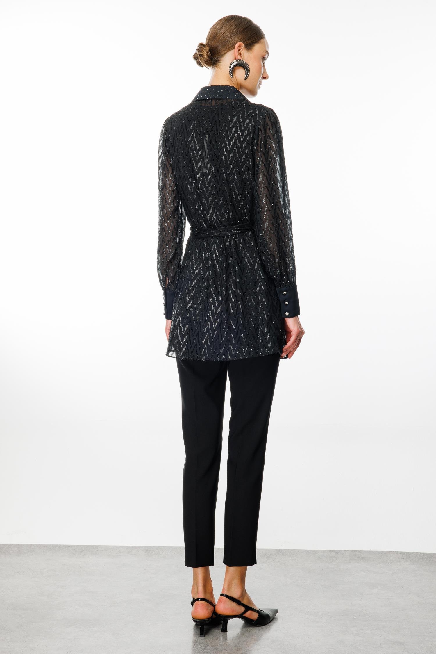 Modailgi  Yakası Taşlı Simli Jakar Uzun Organze Tunik Siyah