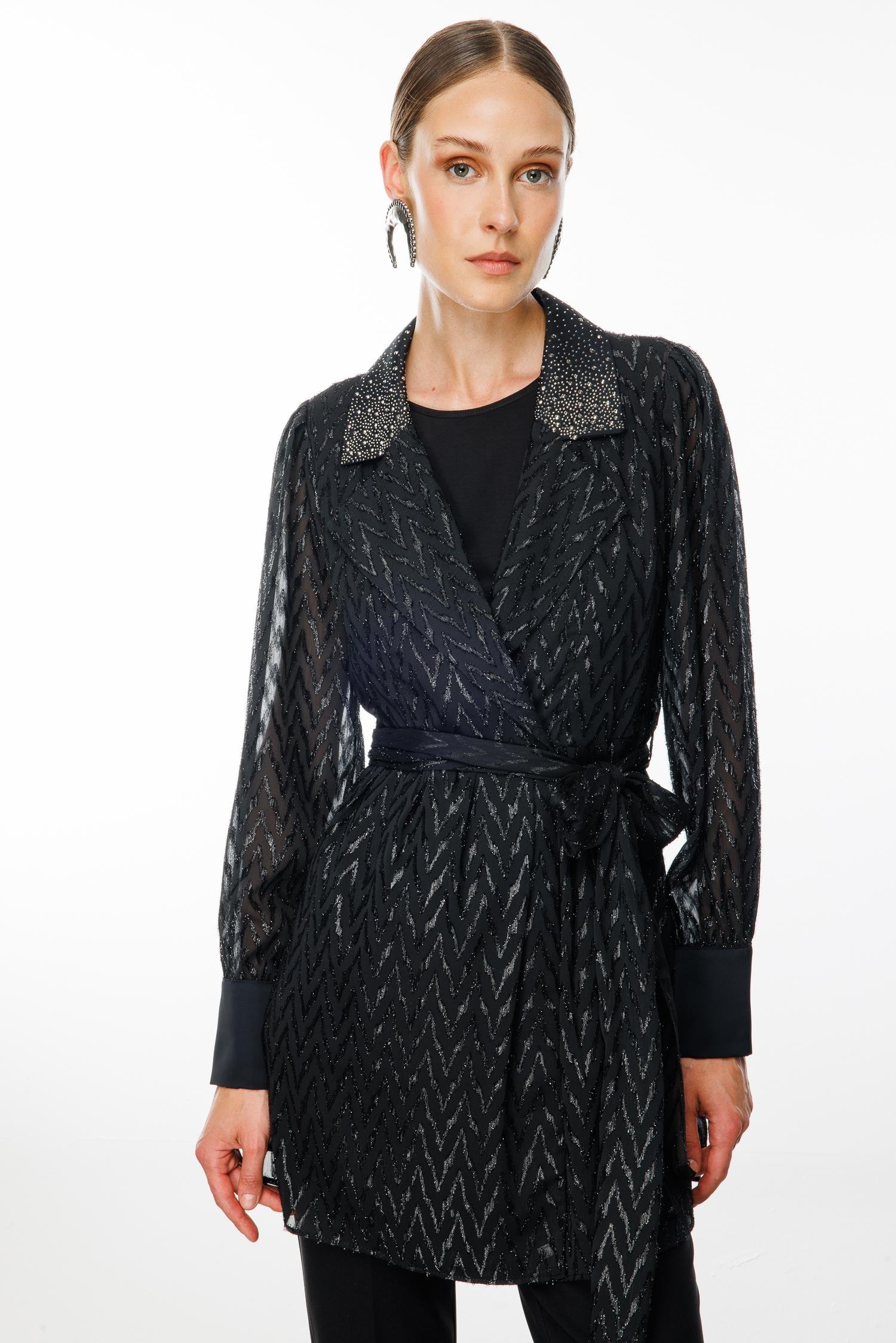 Modailgi  Yakası Taşlı Simli Jakar Uzun Organze Tunik Siyah
