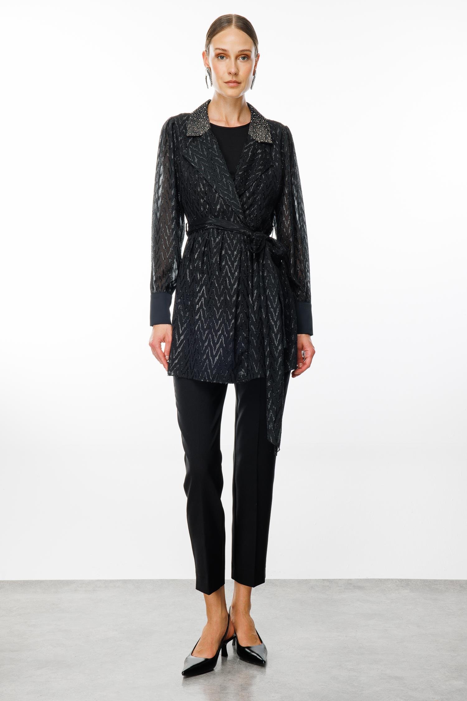Modailgi  Yakası Taşlı Simli Jakar Uzun Organze Tunik Siyah