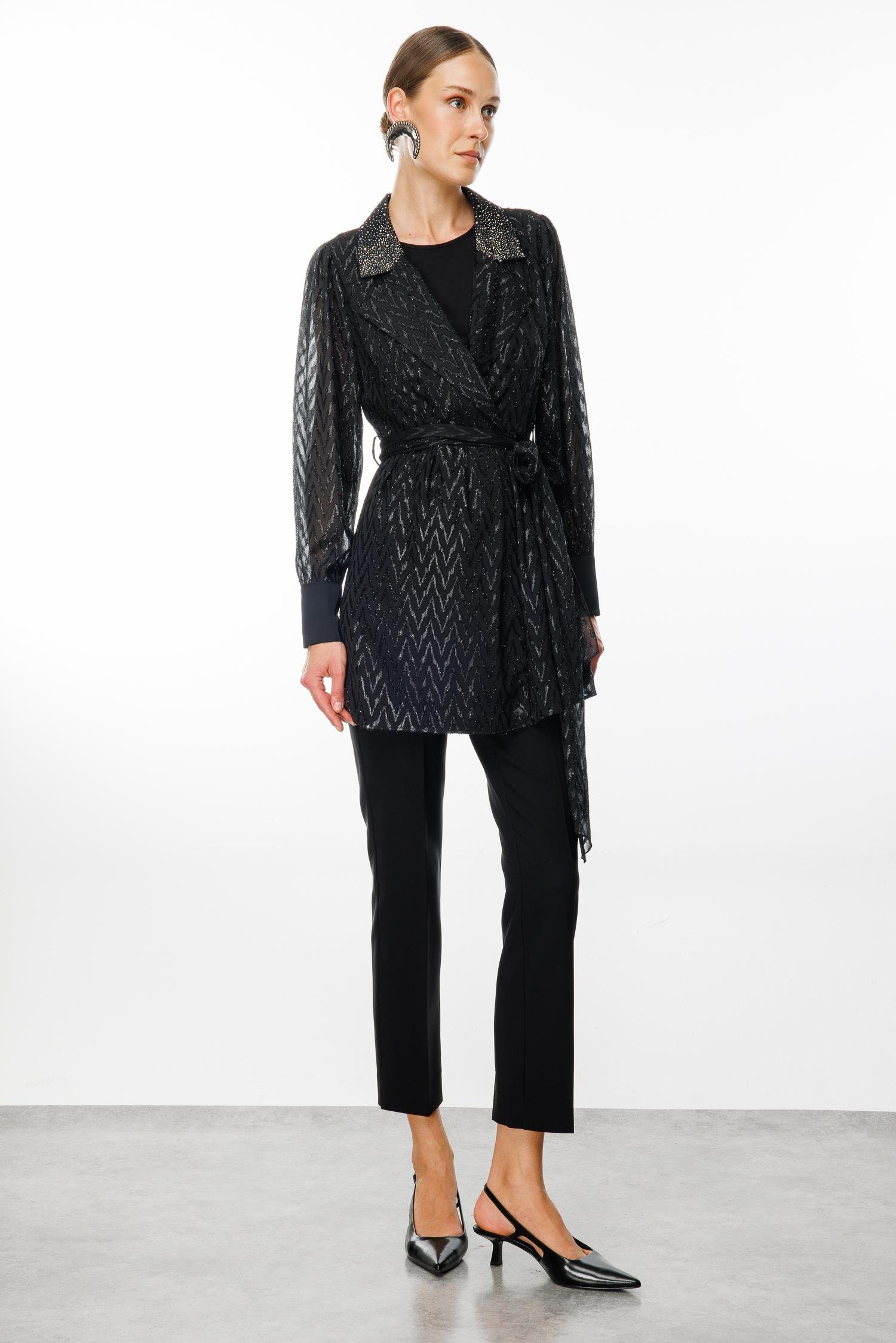 Modailgi  Yakası Taşlı Simli Jakar Uzun Organze Tunik Siyah