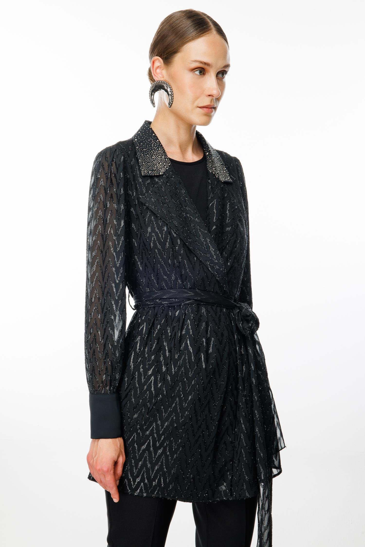 Modailgi  Yakası Taşlı Simli Jakar Uzun Organze Tunik Siyah